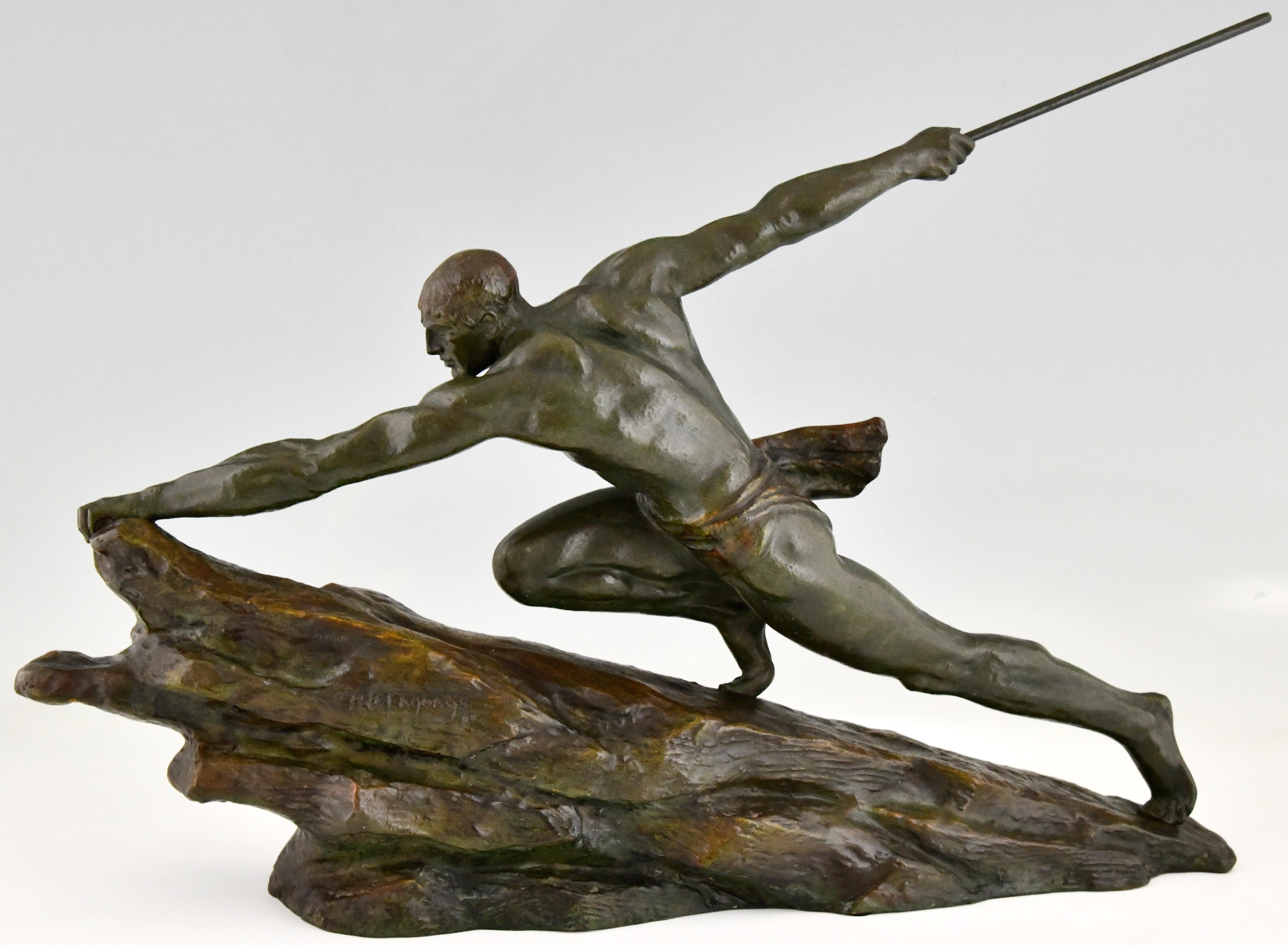 Art Deco Bronze Sculpture Athlete with Spear Signed by Pierre Le Faguays 1927 In Good Condition In Antwerp, BE