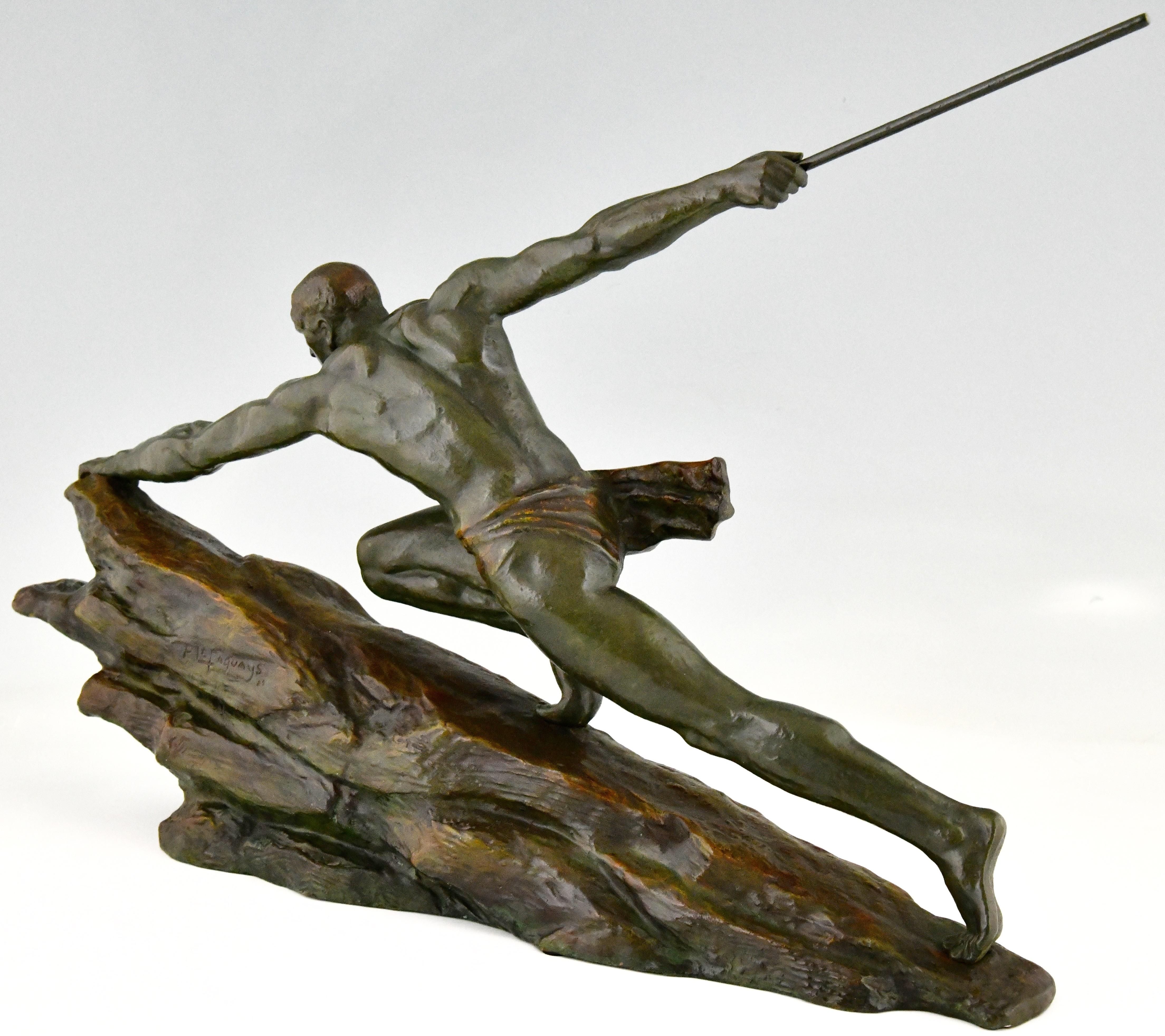 Early 20th Century Art Deco Bronze Sculpture Athlete with Spear Signed by Pierre Le Faguays 1927