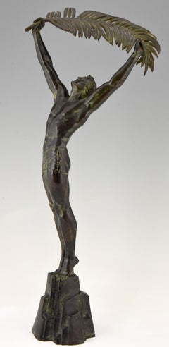 Art Deco Bronze Skulptur Athletischer Mann mit Palmblatt Sieg Pierre Le Faguays