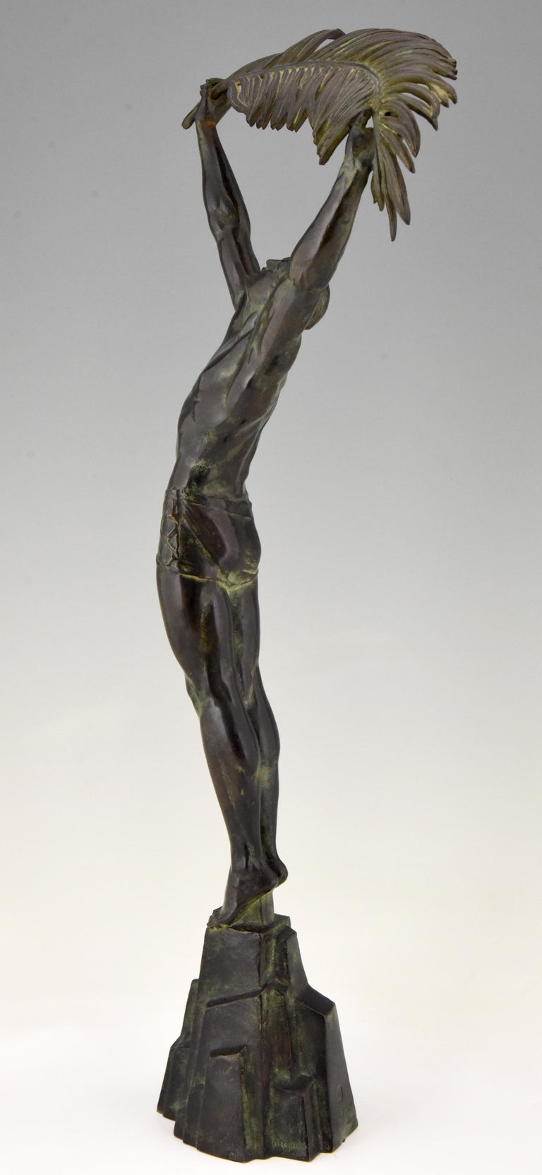 Art Deco Bronze Sculpture Athletic Man with Palm Leaf Victory Pierre Le