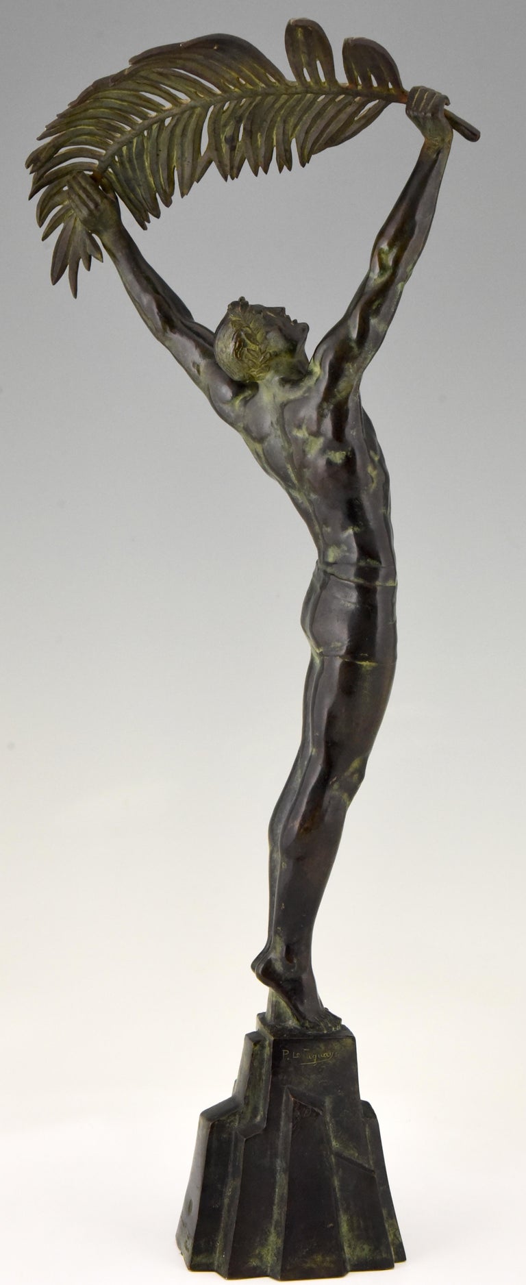 Art Deco Bronze Sculpture Athletic Man with Palm Leaf Victory Pierre Le