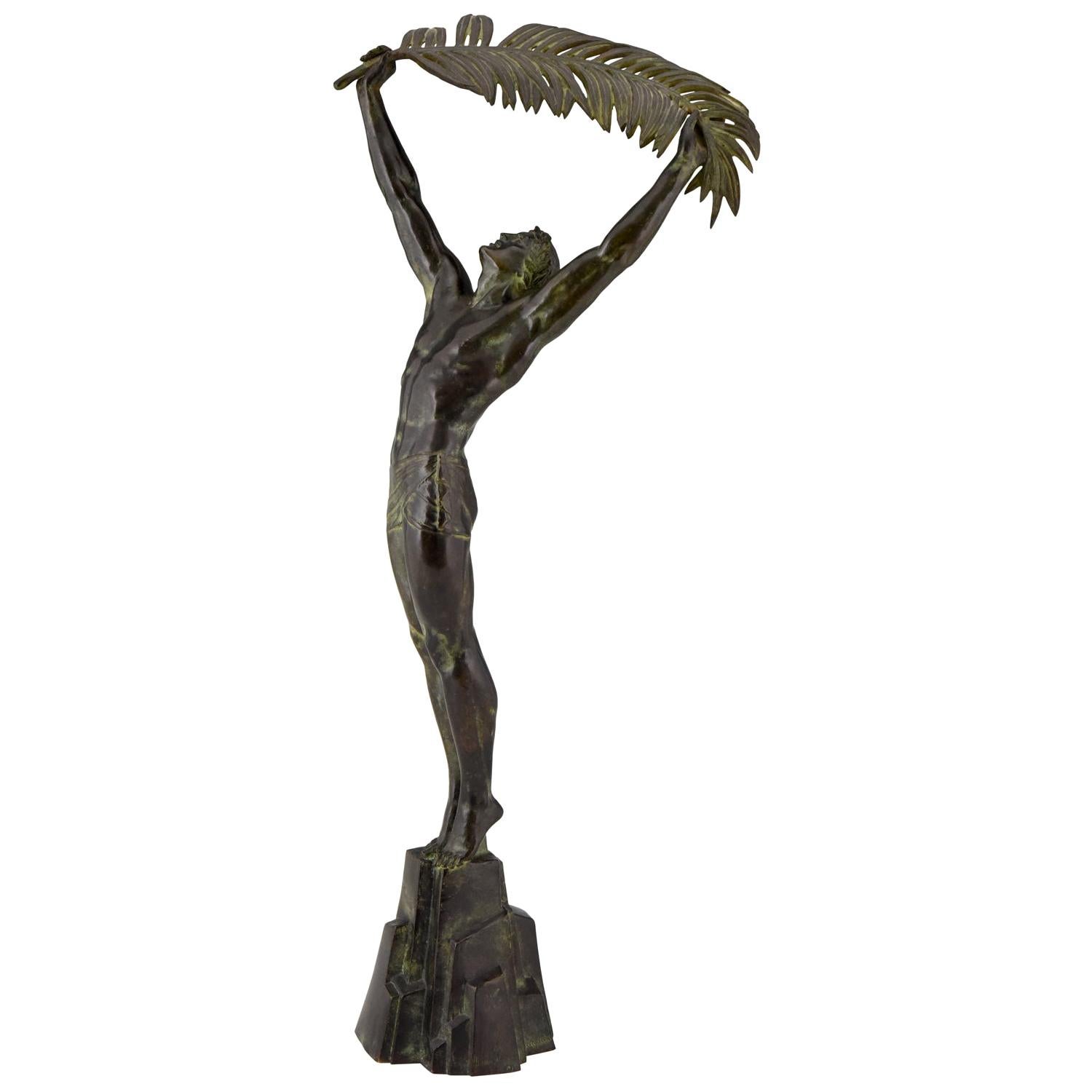 Art Deco Bronze Sculpture Athletic Man with Palm Leaf Victory Pierre Le
