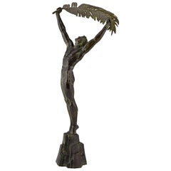Art Deco Bronze Skulptur Athletischer Mann mit Palmblatt Sieg Pierre Le Faguays