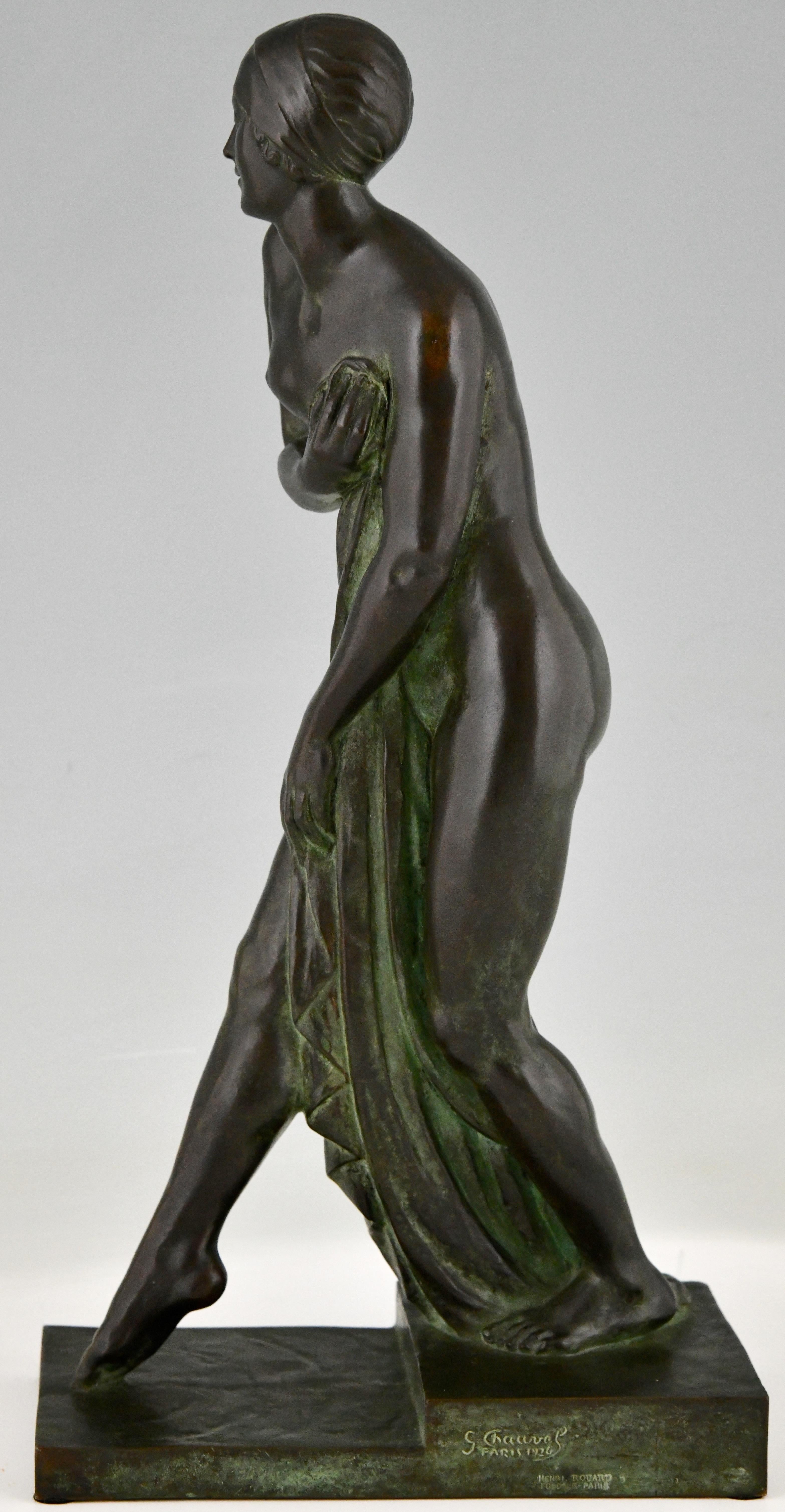 Art Deco Bronze Sculpture Bathing Nude Bain De Champagne by Georges Chauvel 1926 For Sale 5