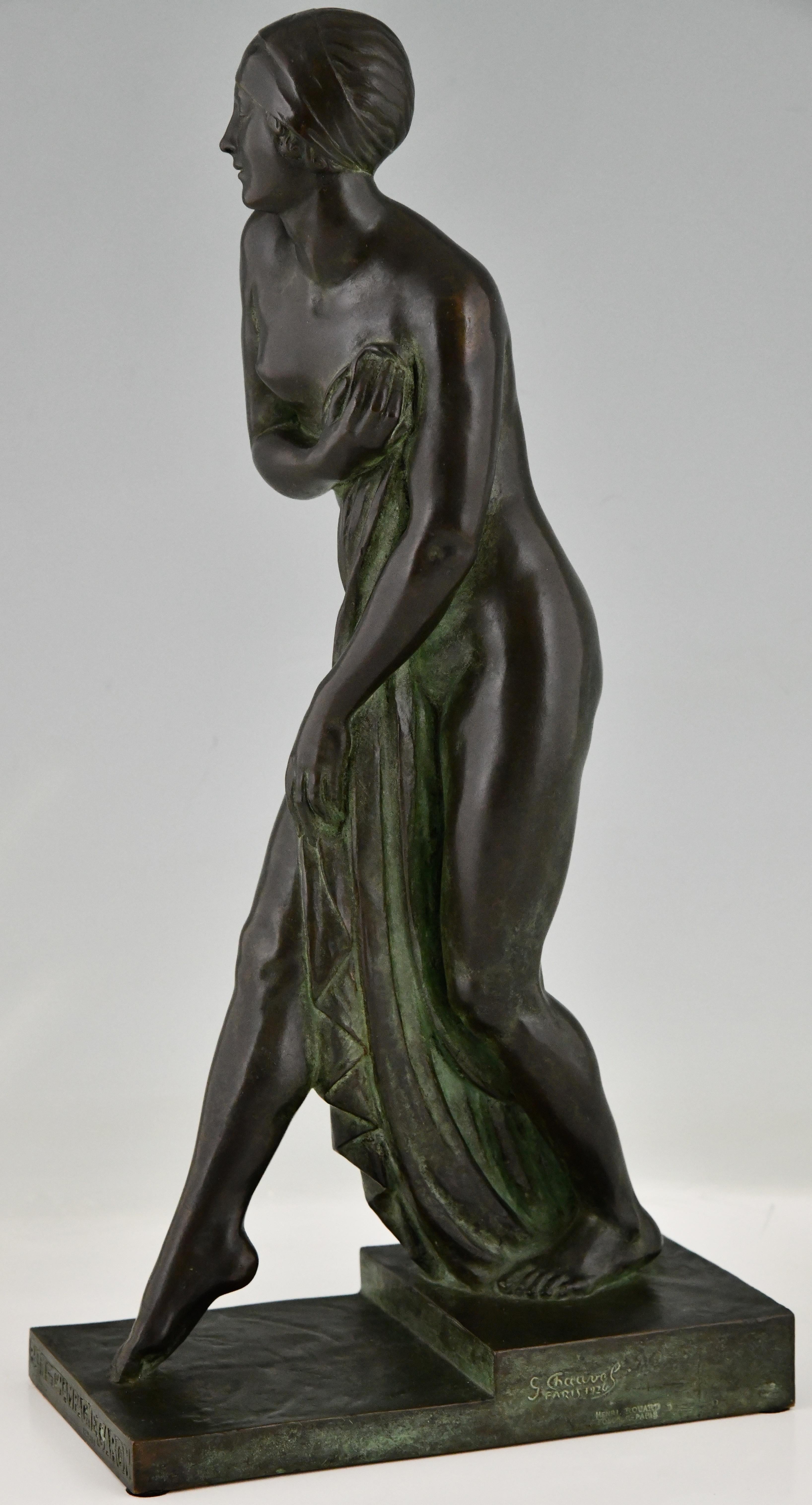 Art Deco bronze sculpture of a bathing nude, Bain de Champagne Caron by Georges Chauvel dated 1926, with the foundry mark of Henri Rouard fondeur Paris. 
Beautiful patina.
This sculpture is illustrated in:
Bronzes, sculptors and founders by H.