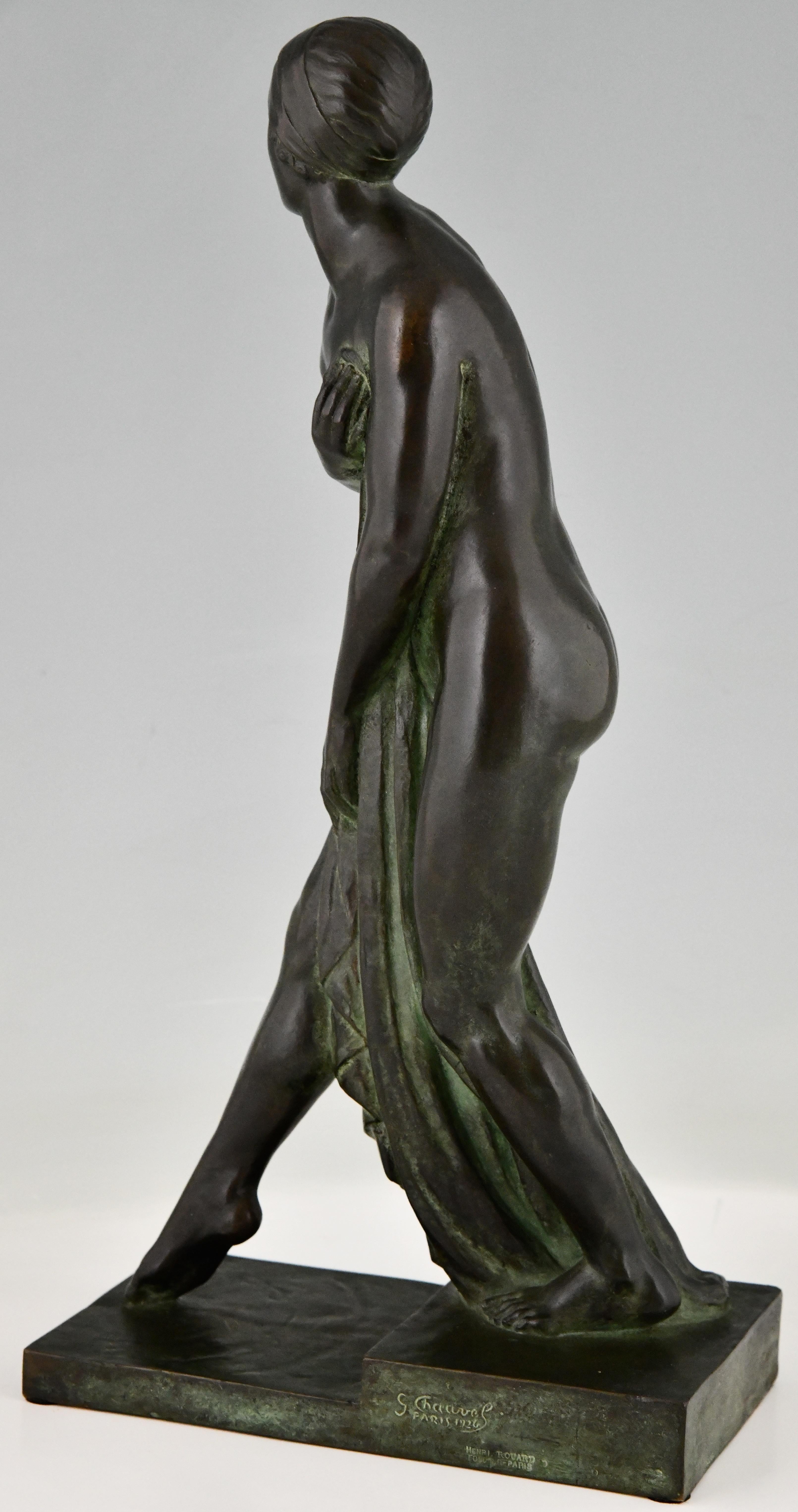 Art Deco Bronze Sculpture Bathing Nude Bain De Champagne by Georges Chauvel 1926 For Sale 4