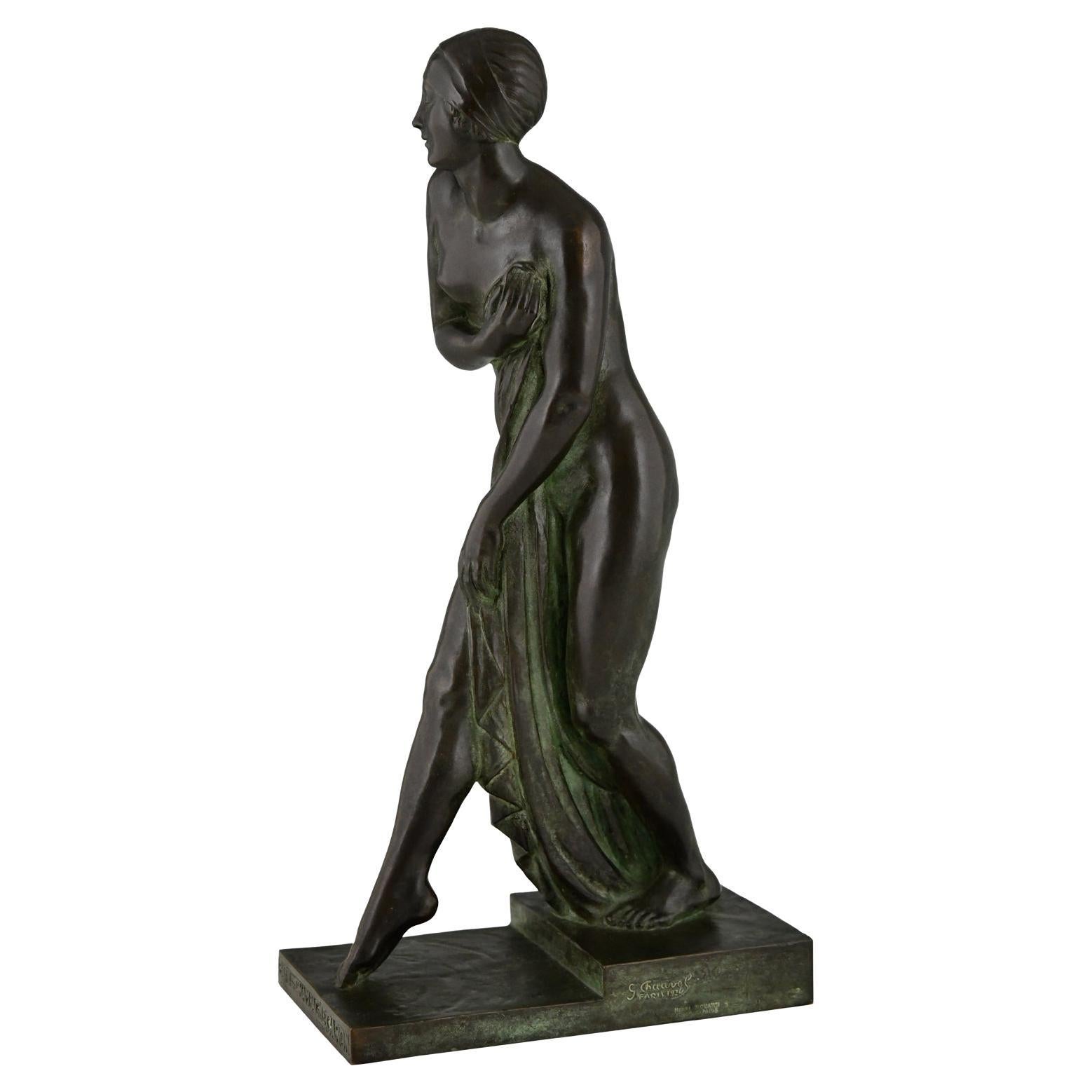 Art Deco Bronze Sculpture Bathing Nude Bain De Champagne by Georges Chauvel 1926 For Sale