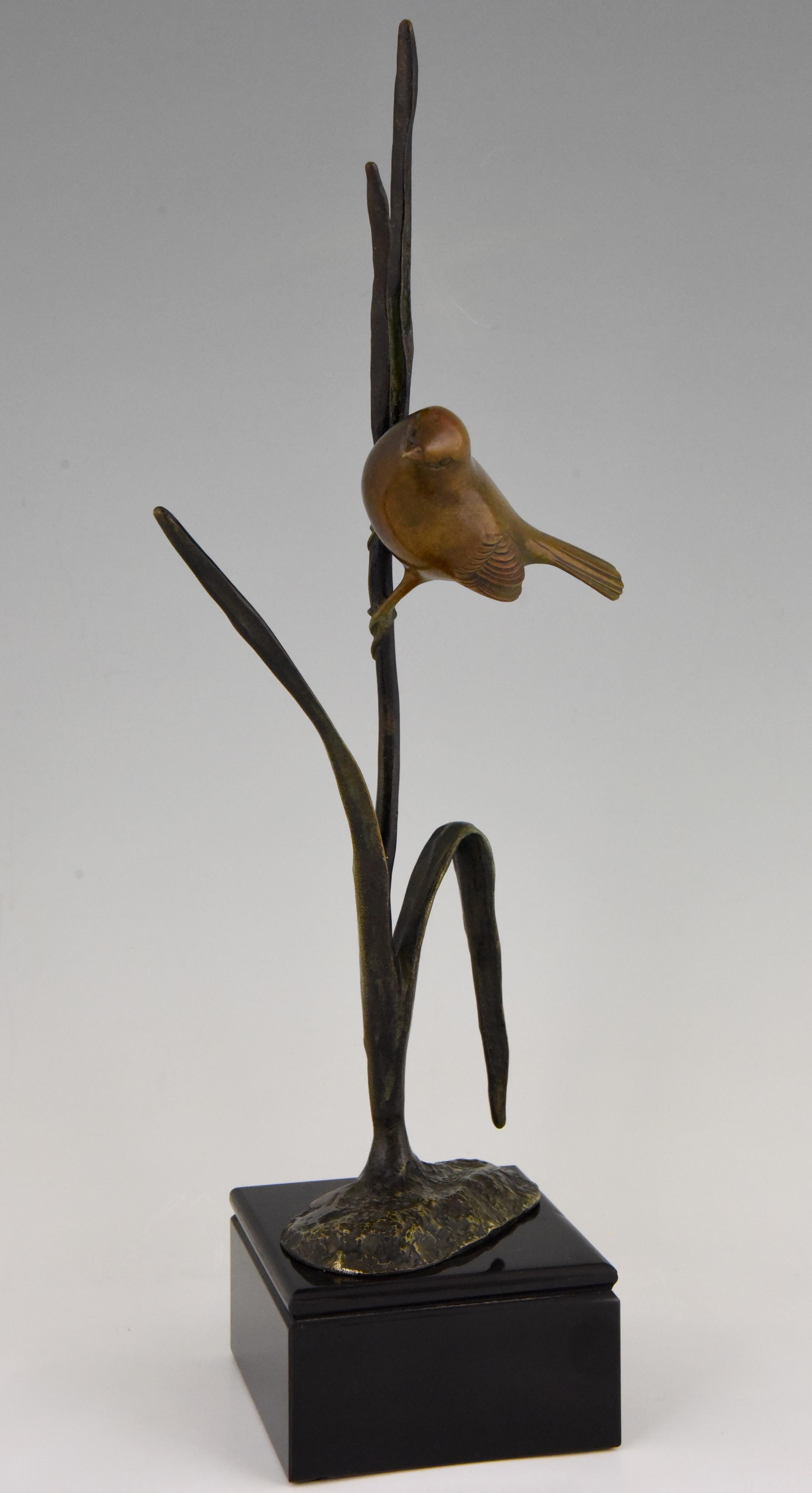 Cute Art Deco bronze sculpture of a bird sitting on a branch. 
The bronze has a multicolor patina and is mounted on a Belgian Black marble base. Signed by the French artist Irenee Rochard, 1930.