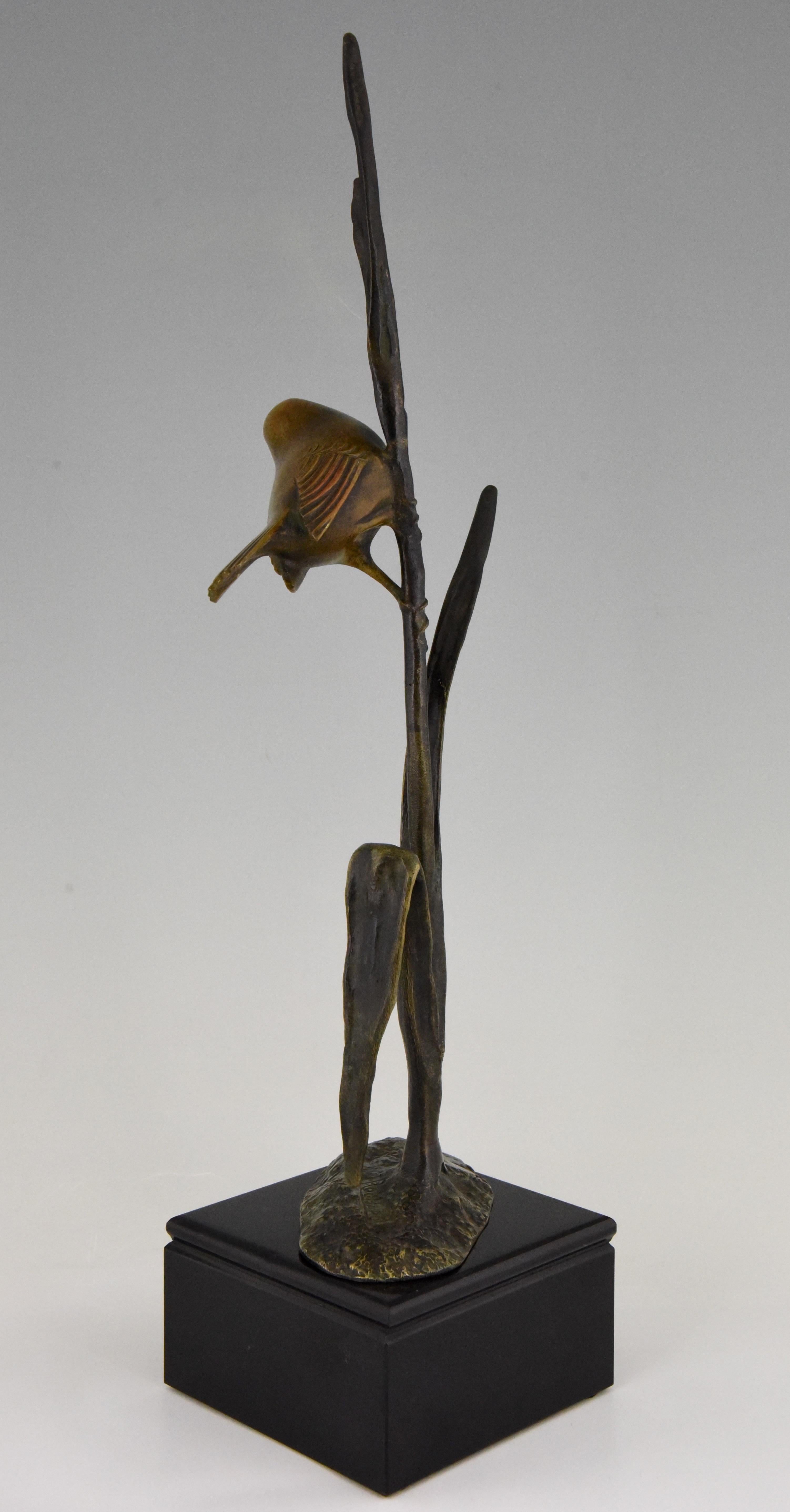 Belgian Black Marble Art Deco Bronze Sculpture Bird on a Branch Irenee Rochard 1930 France