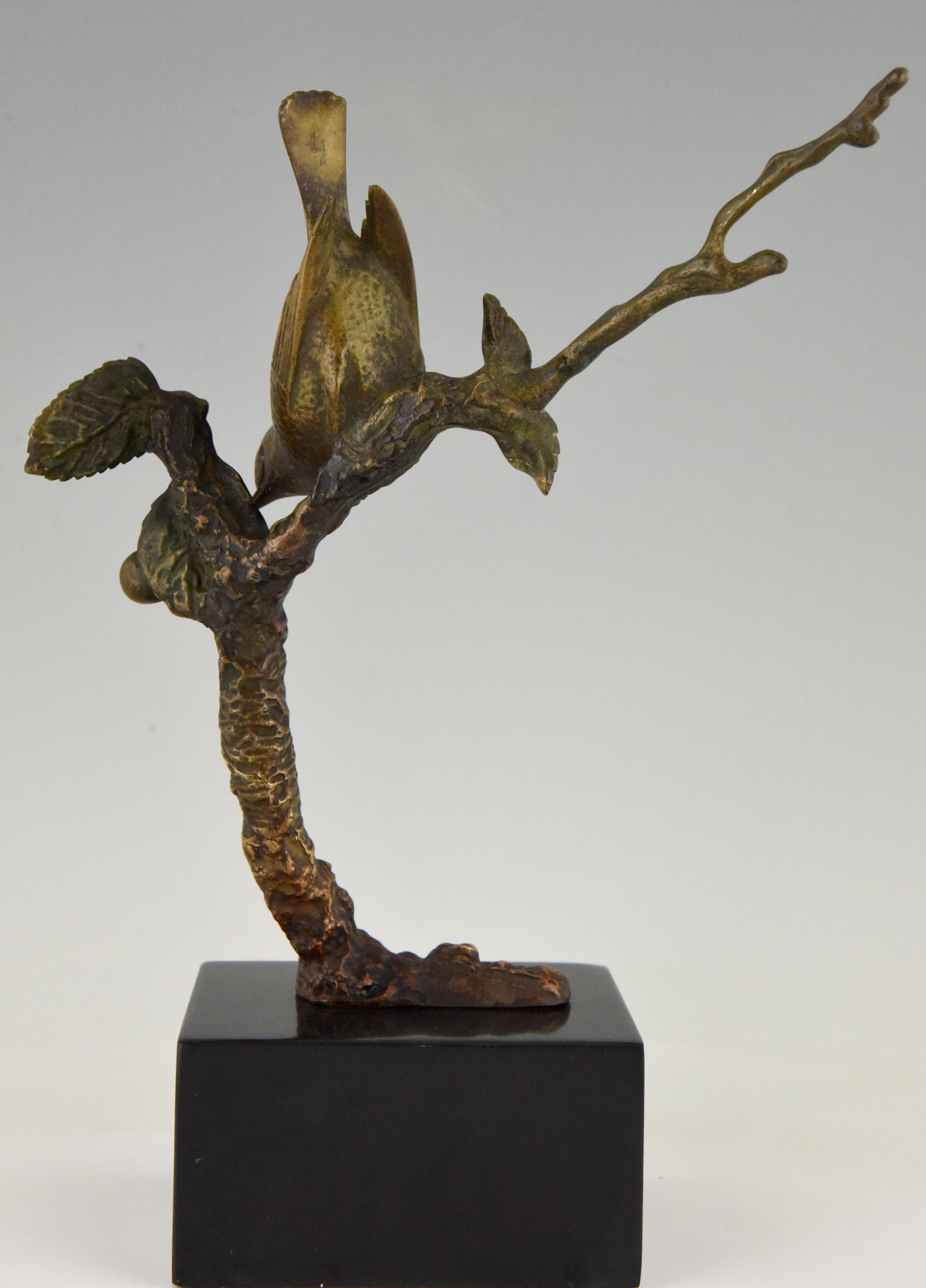 Patinated Art Deco Bronze Sculpture Bird on a Branch with Berries I . Rochard 1930 France