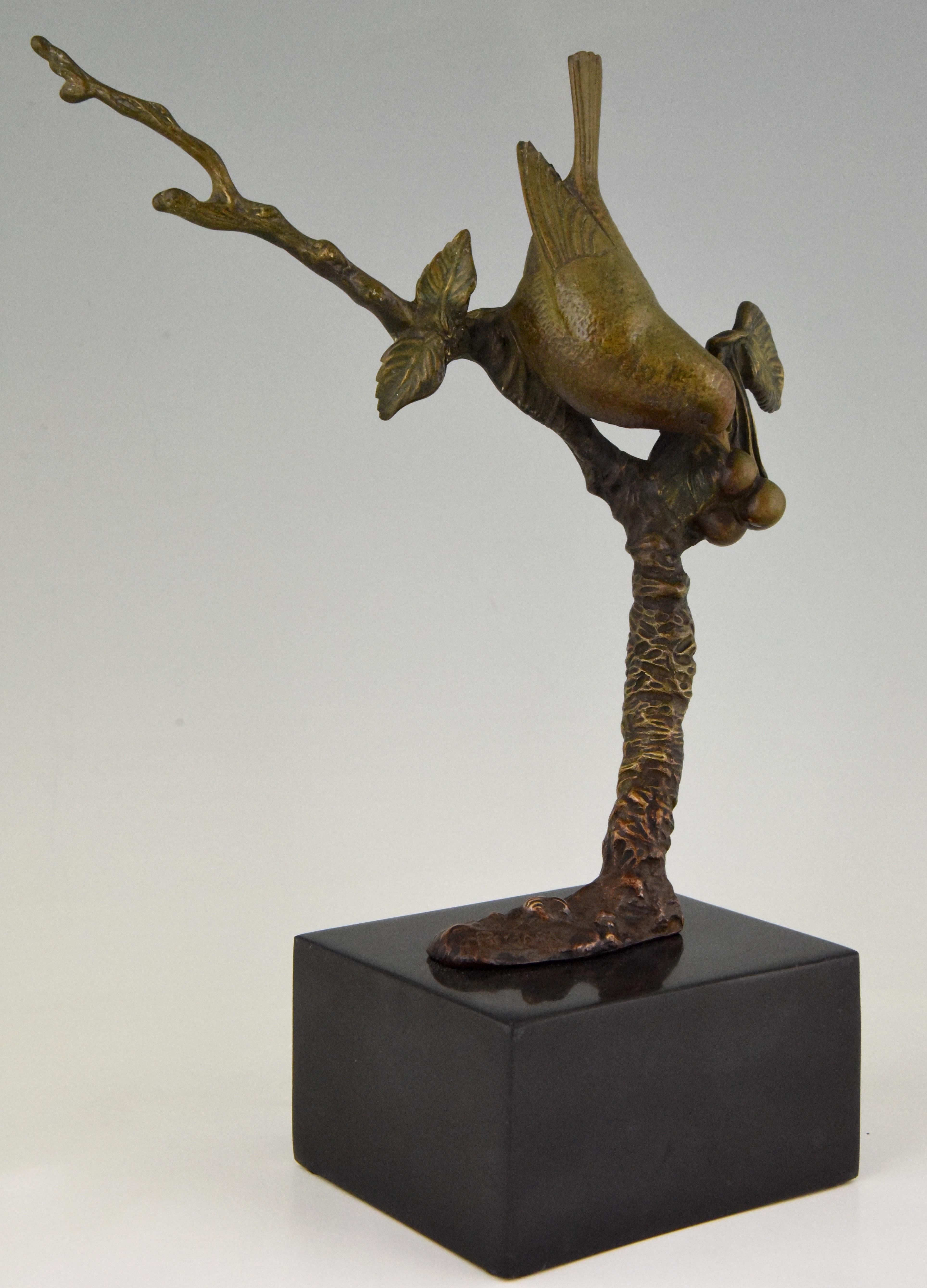 20th Century Art Deco Bronze Sculpture Bird on a Branch with Berries I . Rochard 1930 France