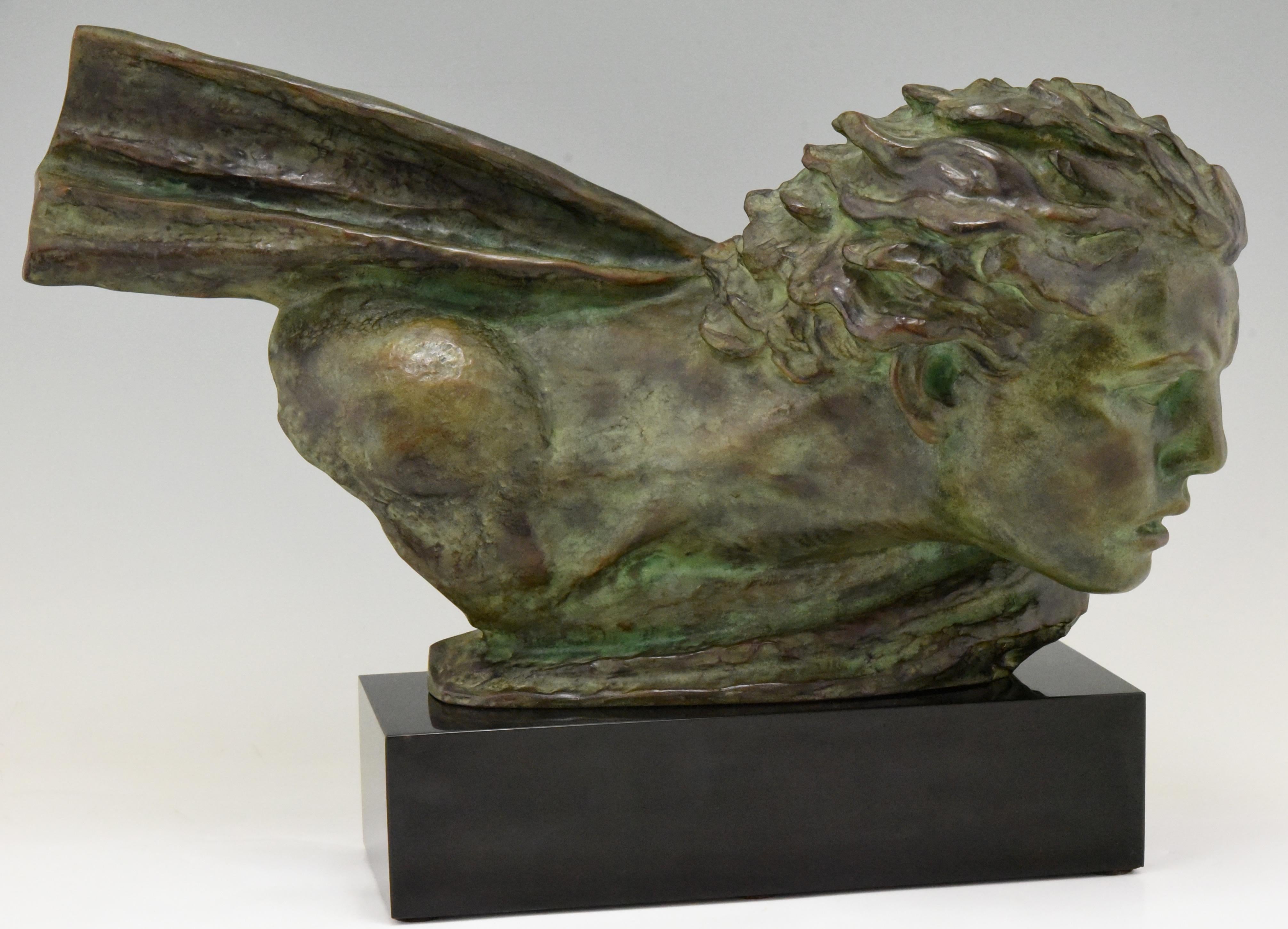 Art Deco Bronze Sculpture Bust Aviator Jean Mermoz Alexandre Kelety, 1930 France 3