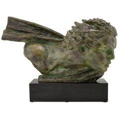 Art Deco Bronze Sculpture Bust Aviator Jean Mermoz Alexandre Kelety, 1930 France