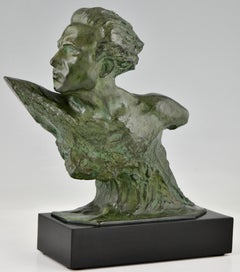 Buste en sculpture en bronze Art Déco de Frederic Focht de l'aviateur Jean Mermoz 1930