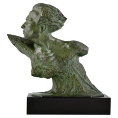 Art Deco Bronze Sculpture Bust by Frederic Focht of Aviator Jean Mermoz 1930