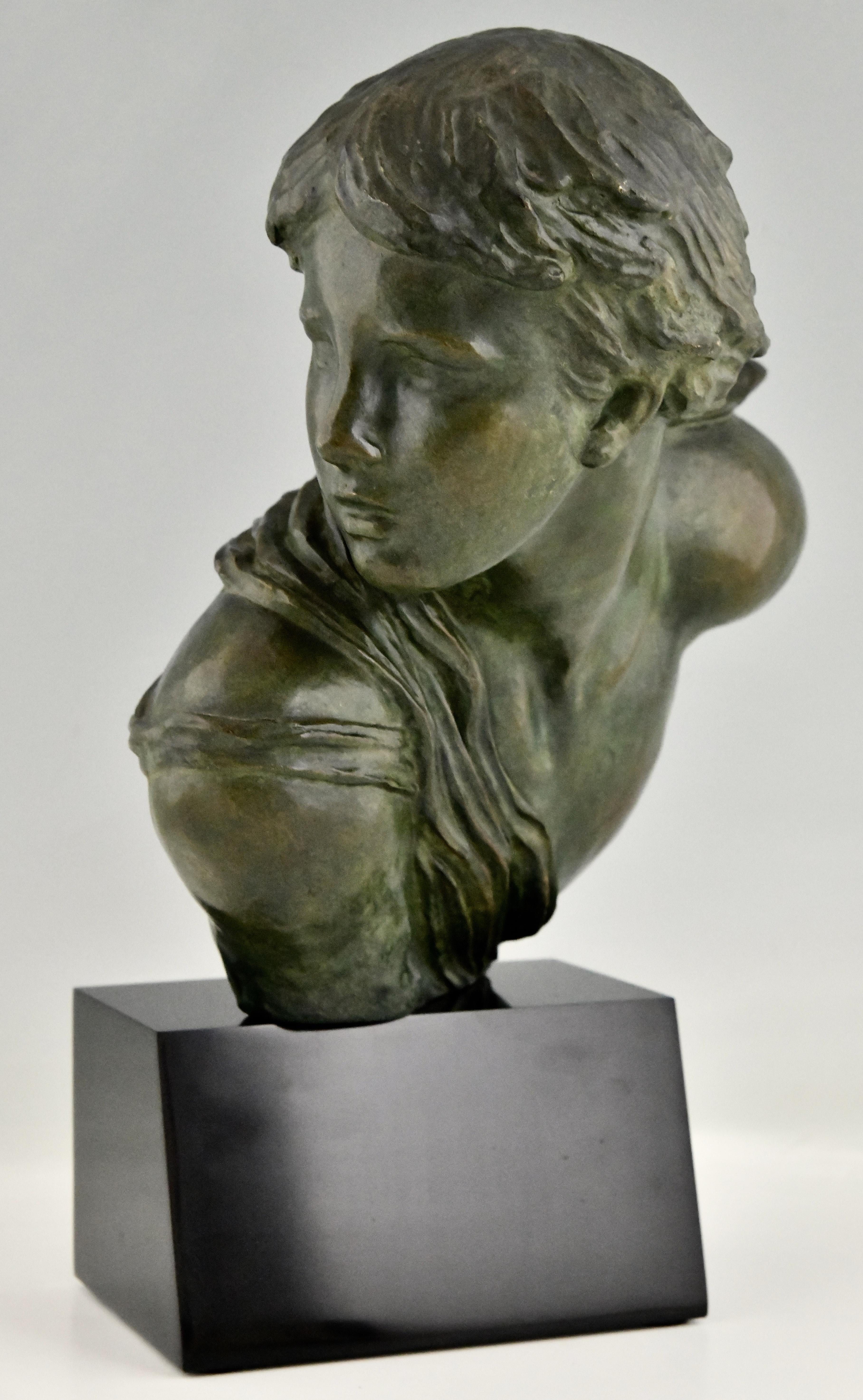 Art Deco bronze sculpture bust of a boy by Alexandre Kelety.
With the Les Neveux de Lehmann foundry mark.
Marked Bronze and numbered
France 1930. 
The sculpture can be turned on the base. 
Literature:
Statuettes of the Art Deco period, Alberto