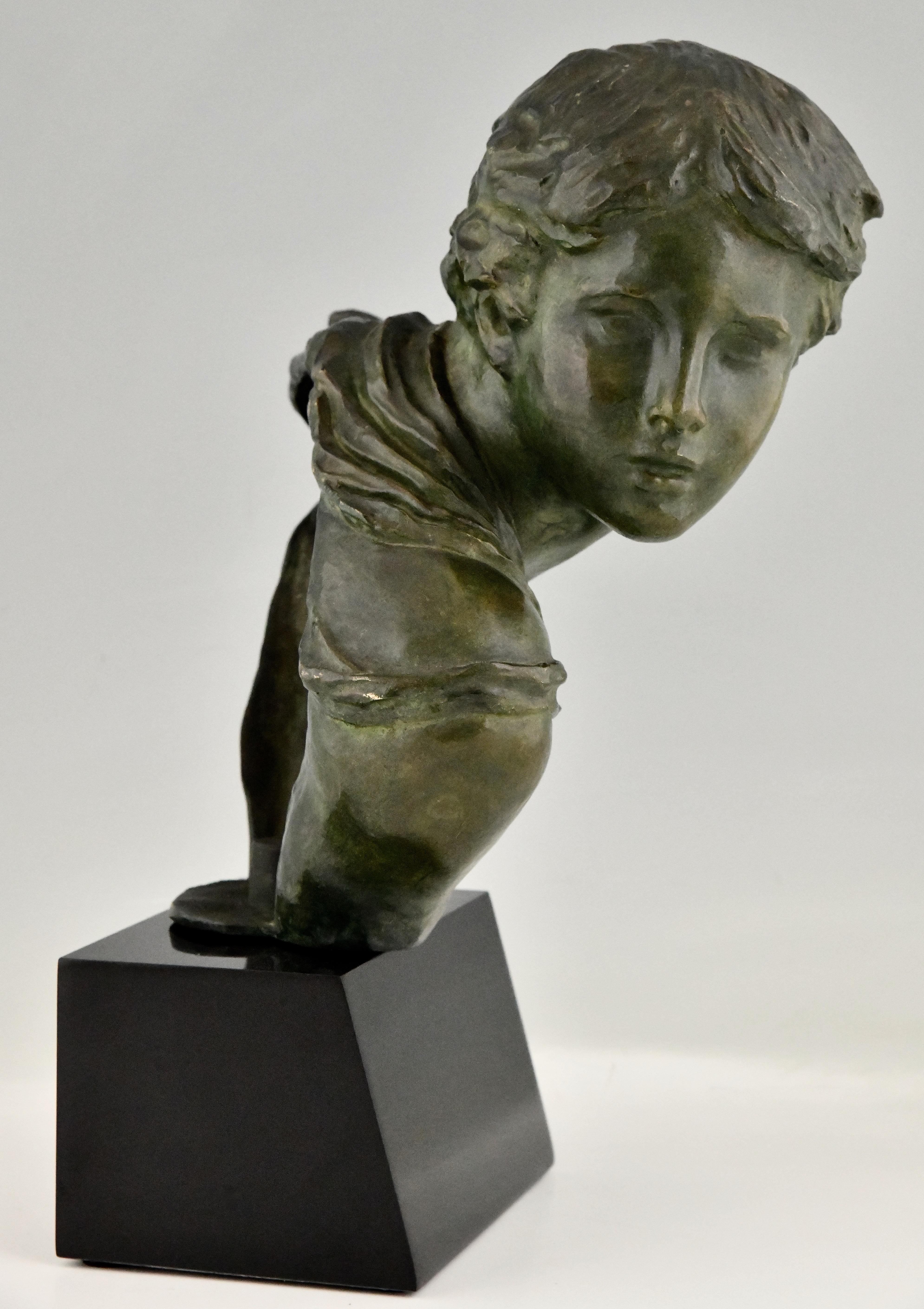 Patinated Art Deco Bronze Sculpture Bust of a Boy by Alexandre Kelety, France, 1930