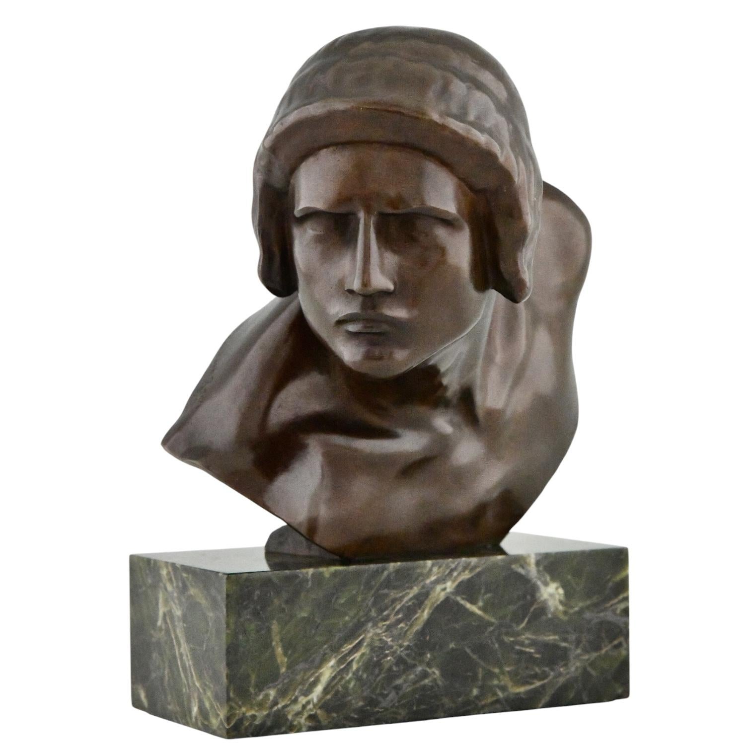 Art Deco bronze sculpture bust of Achilles signed by Constant Roux. 
Foundry Susse Frères, Paris.
On a green marble base. France 1920. 

This model is illustrated in two books:
Constant Roux Catalogue Raisonné, Laurent Noet, Mare et Martin, on the