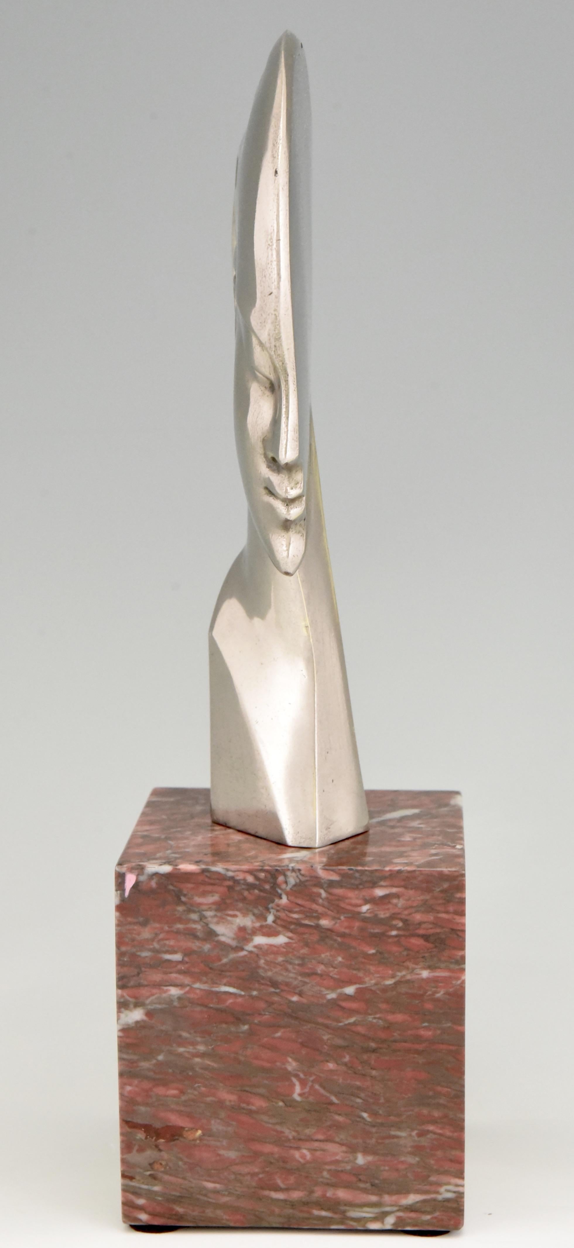 Silvered Art Deco bronze sculpture bust woman profile att. to Guido Cacciapuoti 1930