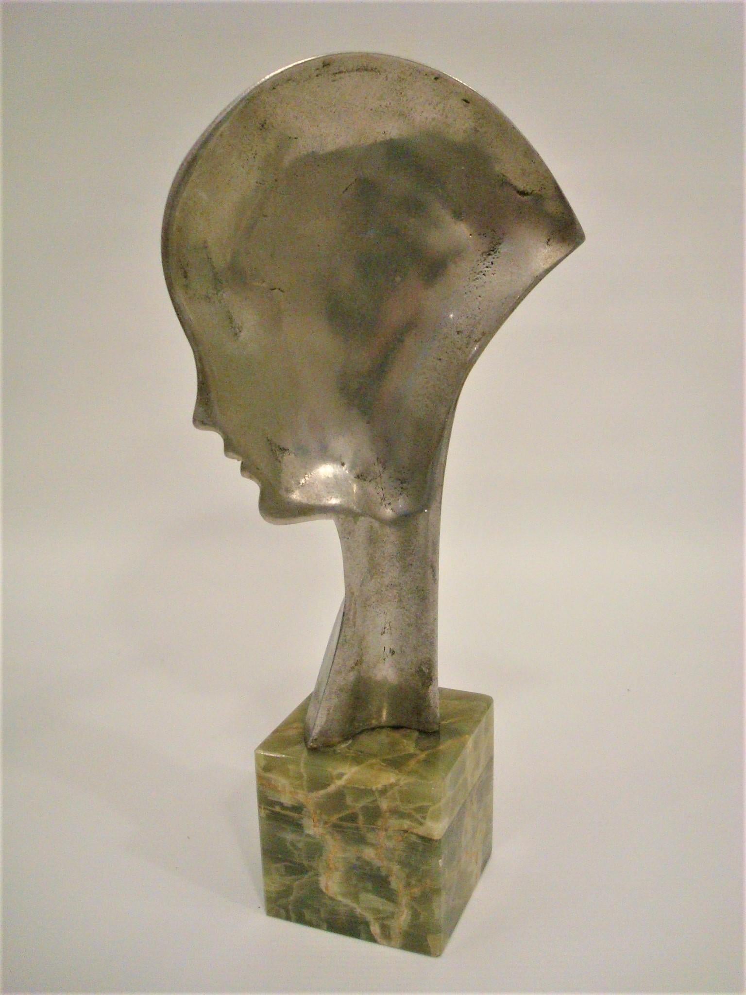 Silvered Art Deco Bronze Sculpture Bust Woman Profile Guido Cacciapuoti 1930 For Sale