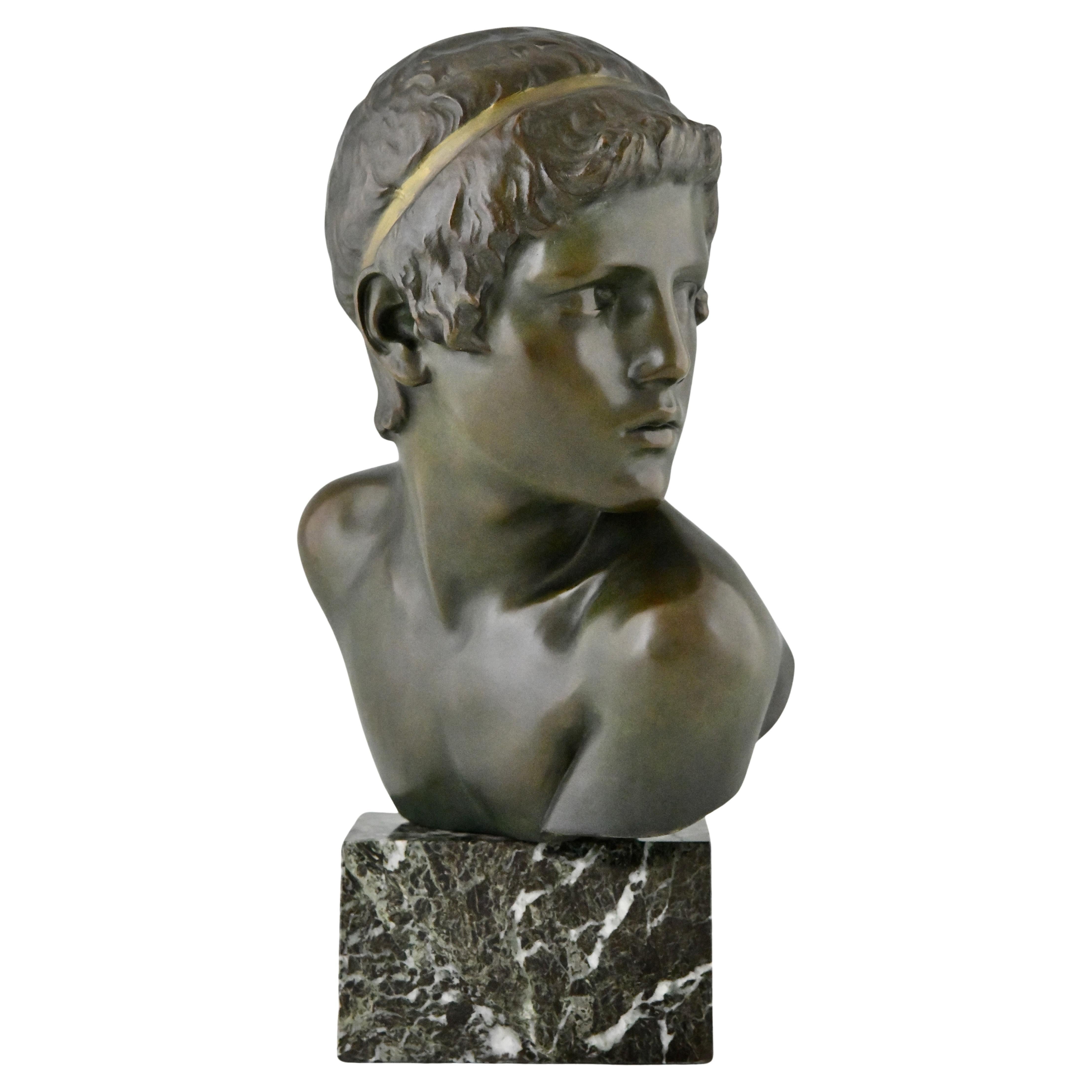 Scultura in bronzo Art Deco con busto di Achille giovane di Constant Roux, 1920
