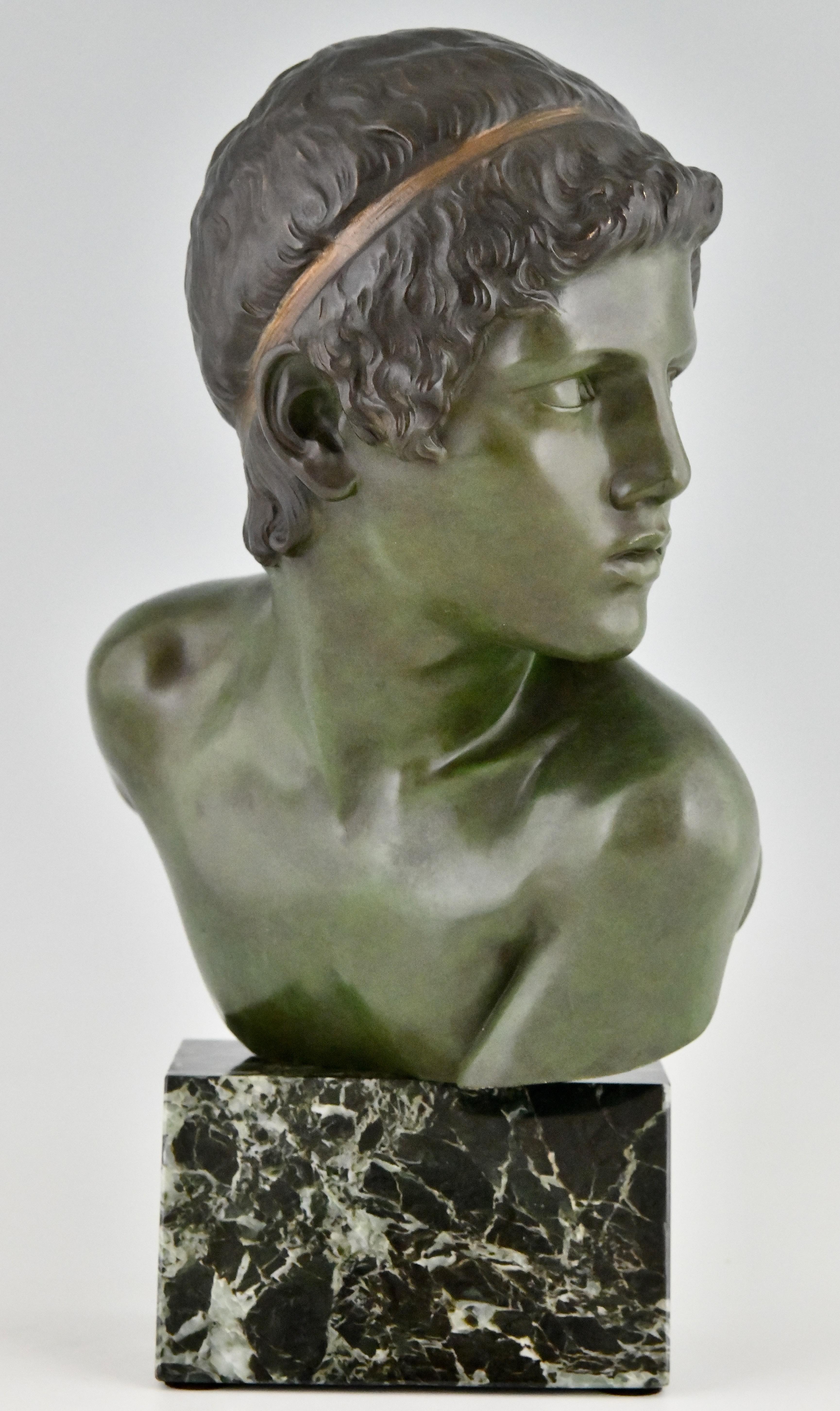French Art Deco Bronze Sculpture Bust Young Boy Achilles by Constant Roux, 1920