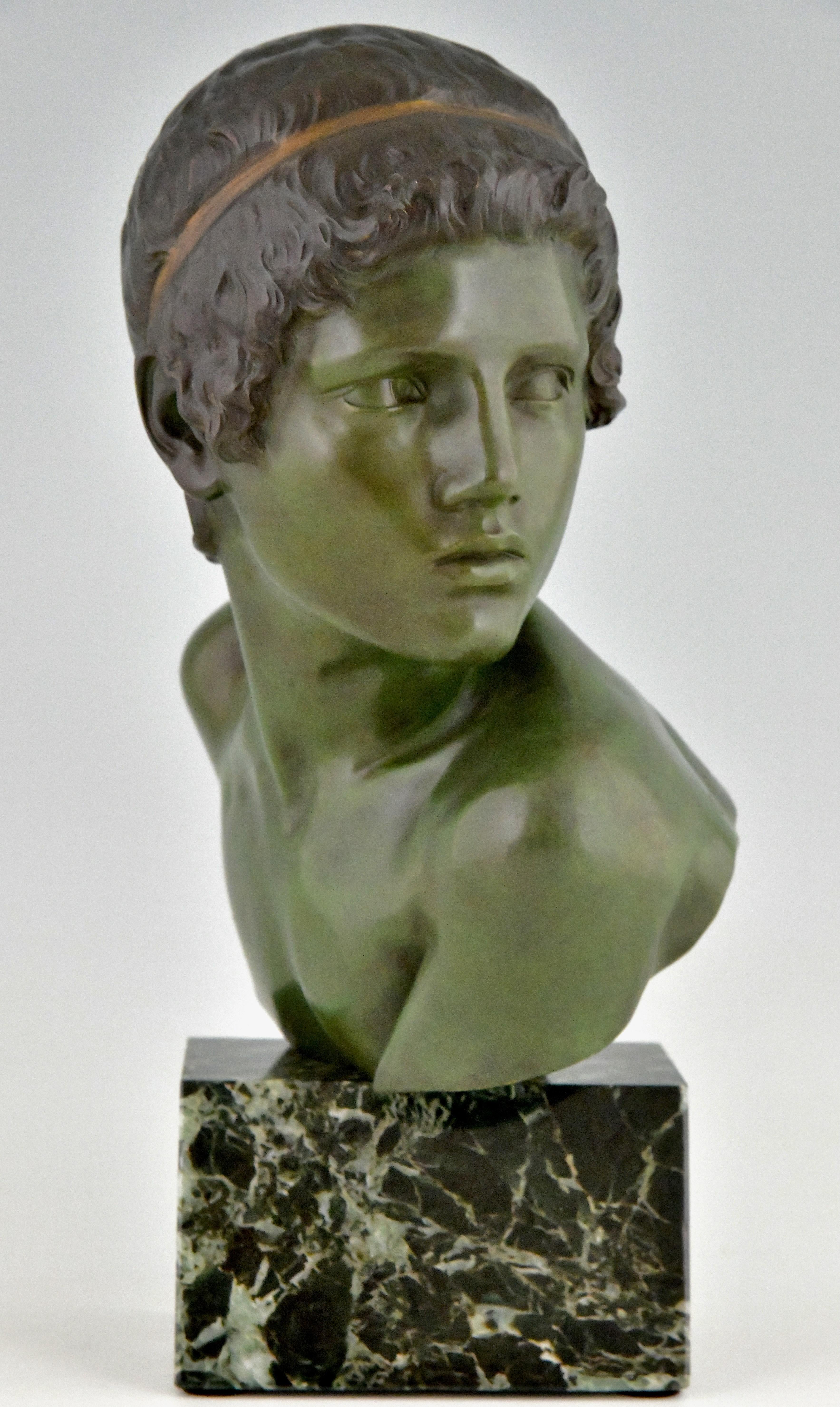 Patinated Art Deco Bronze Sculpture Bust Young Boy Achilles by Constant Roux, 1920