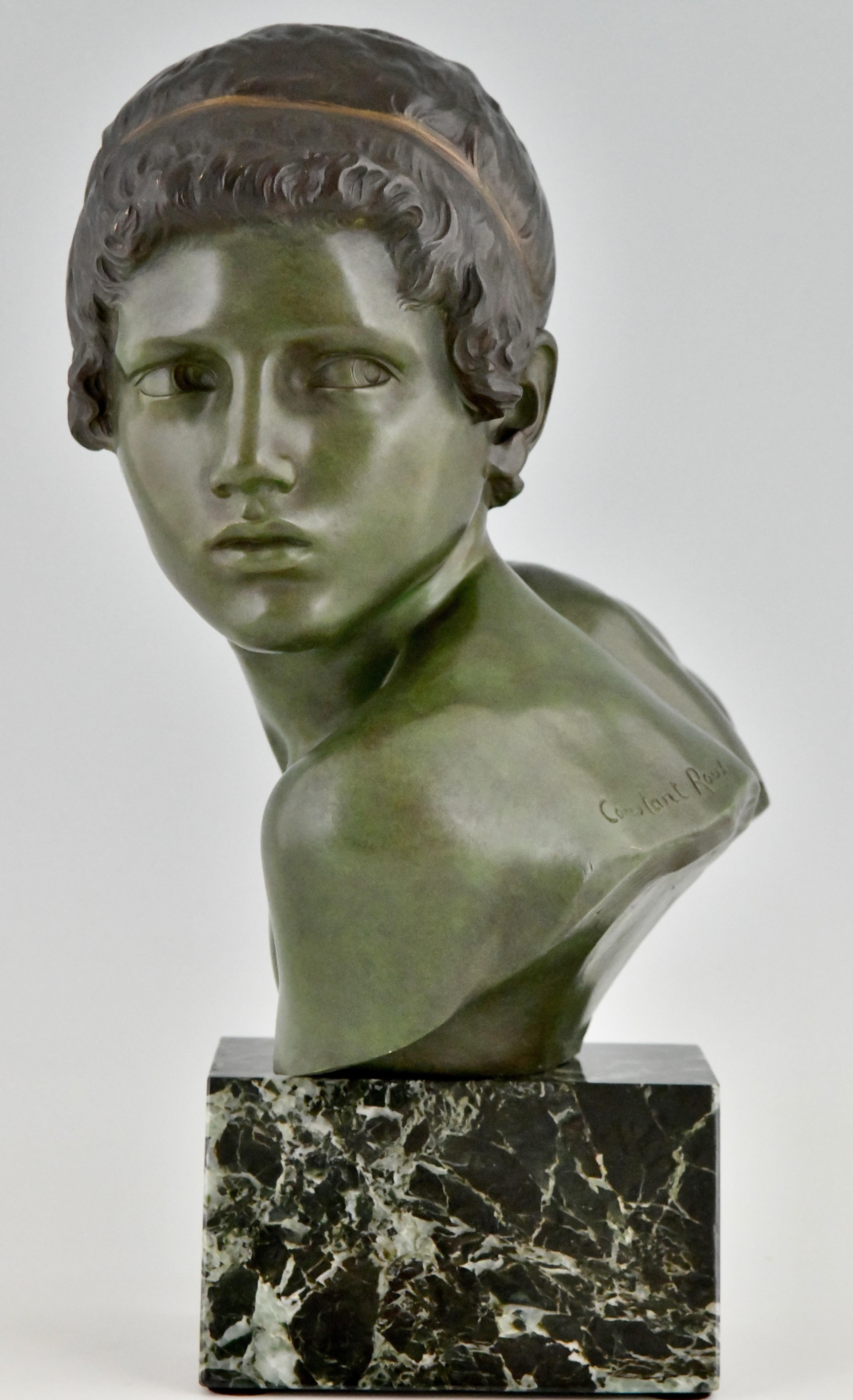 Art Deco Bronze Sculpture Bust Young Boy Achilles by Constant Roux, 1920 In Good Condition In Antwerp, BE