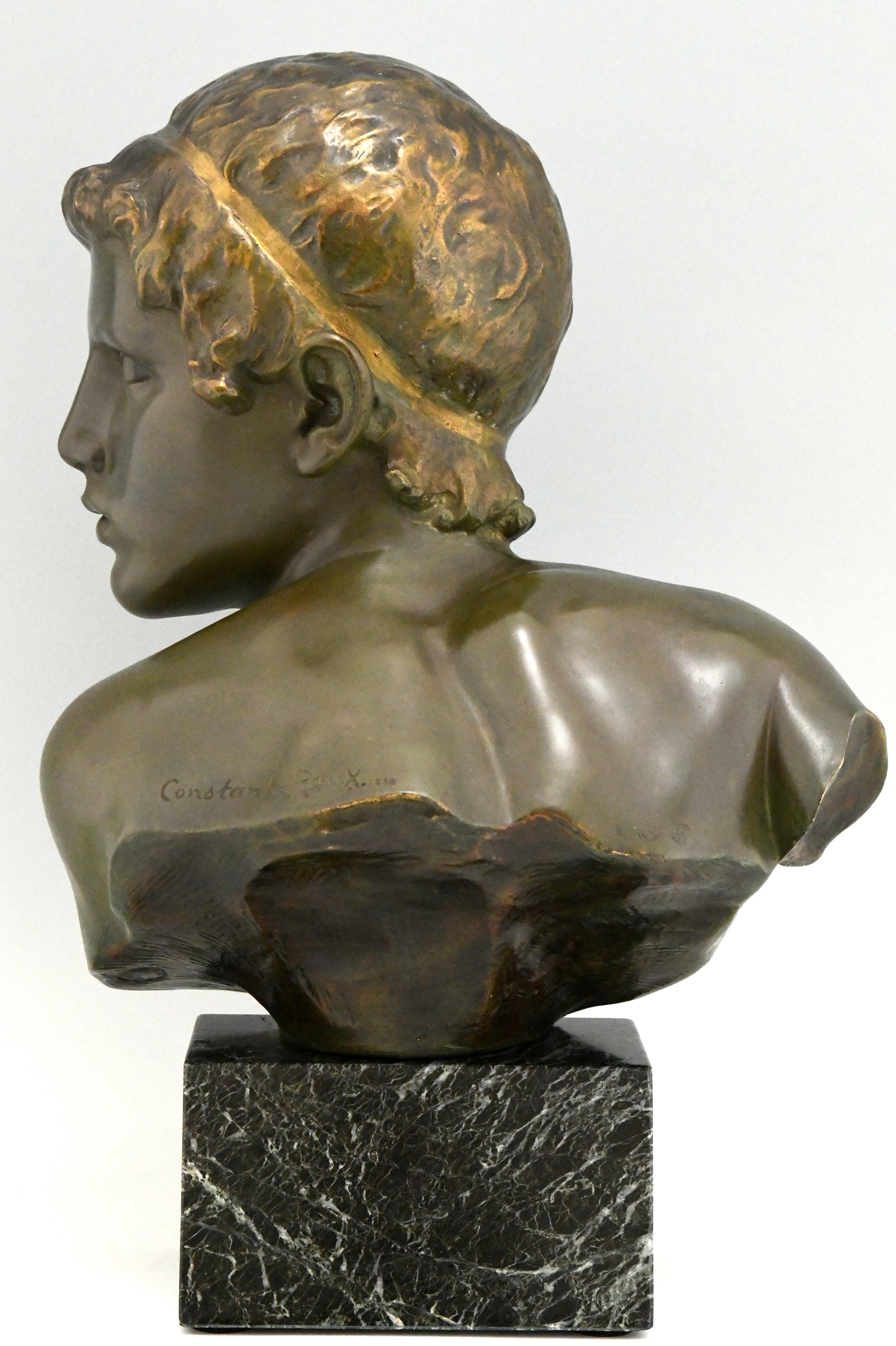 French Art Deco Bronze Sculpture Bust Young Boy Achilles by Constant Roux, 1920