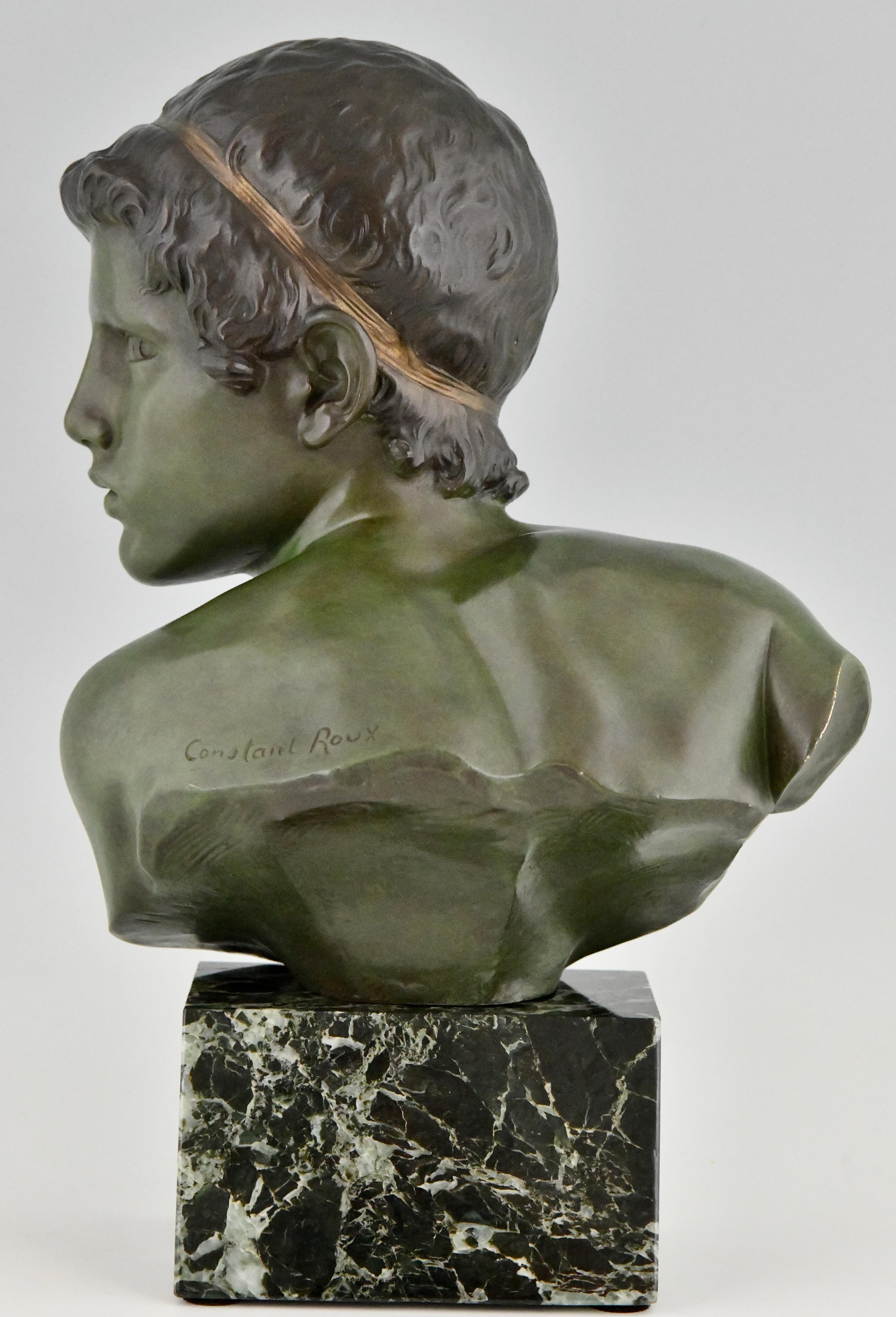 Marble Art Deco Bronze Sculpture Bust Young Boy Achilles by Constant Roux, 1920