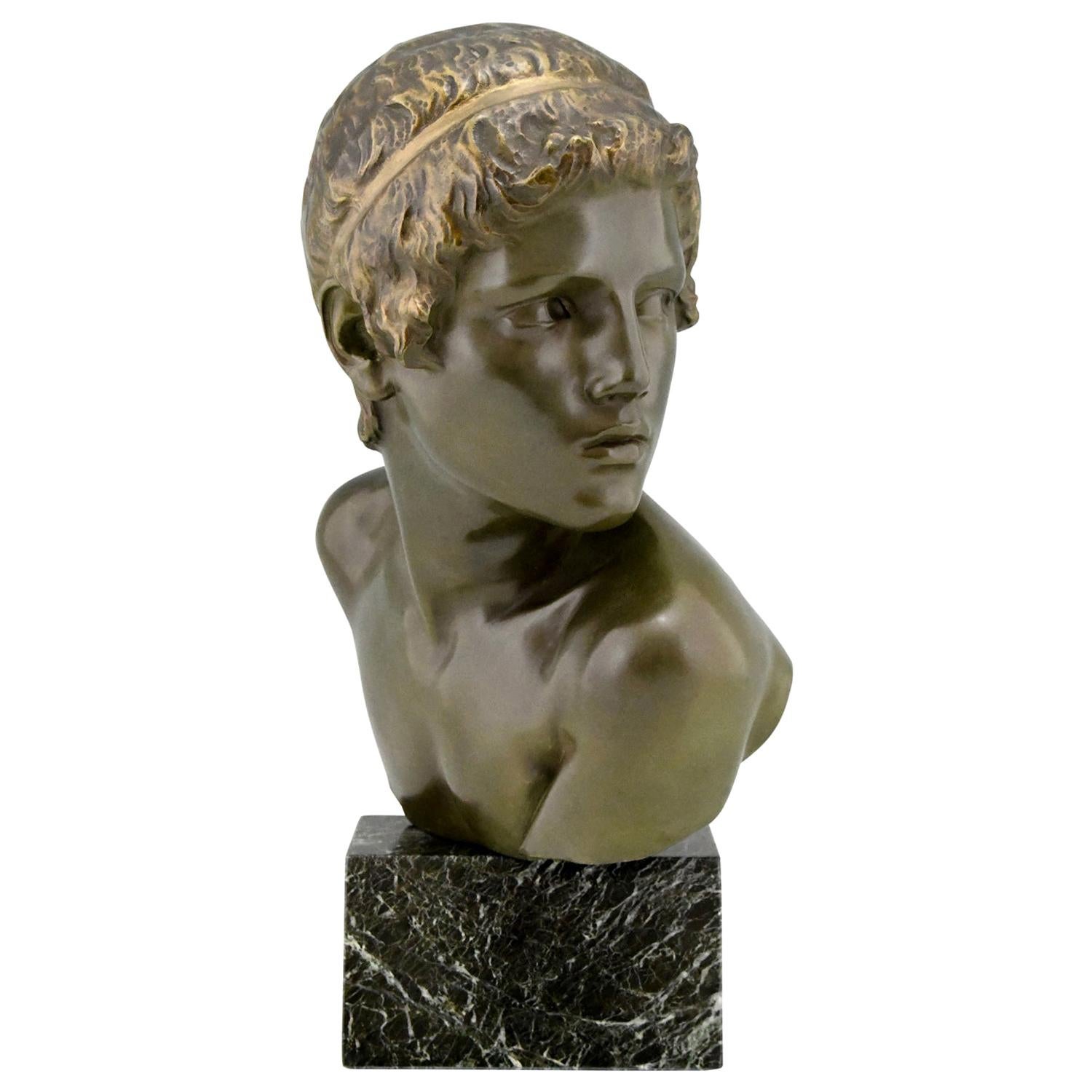 Art Deco Bronze Sculpture Bust Young Boy Achilles by Constant Roux, 1920