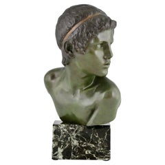 Art Deco Bronze Sculpture Bust Young Boy Achilles by Constant Roux, 1920
