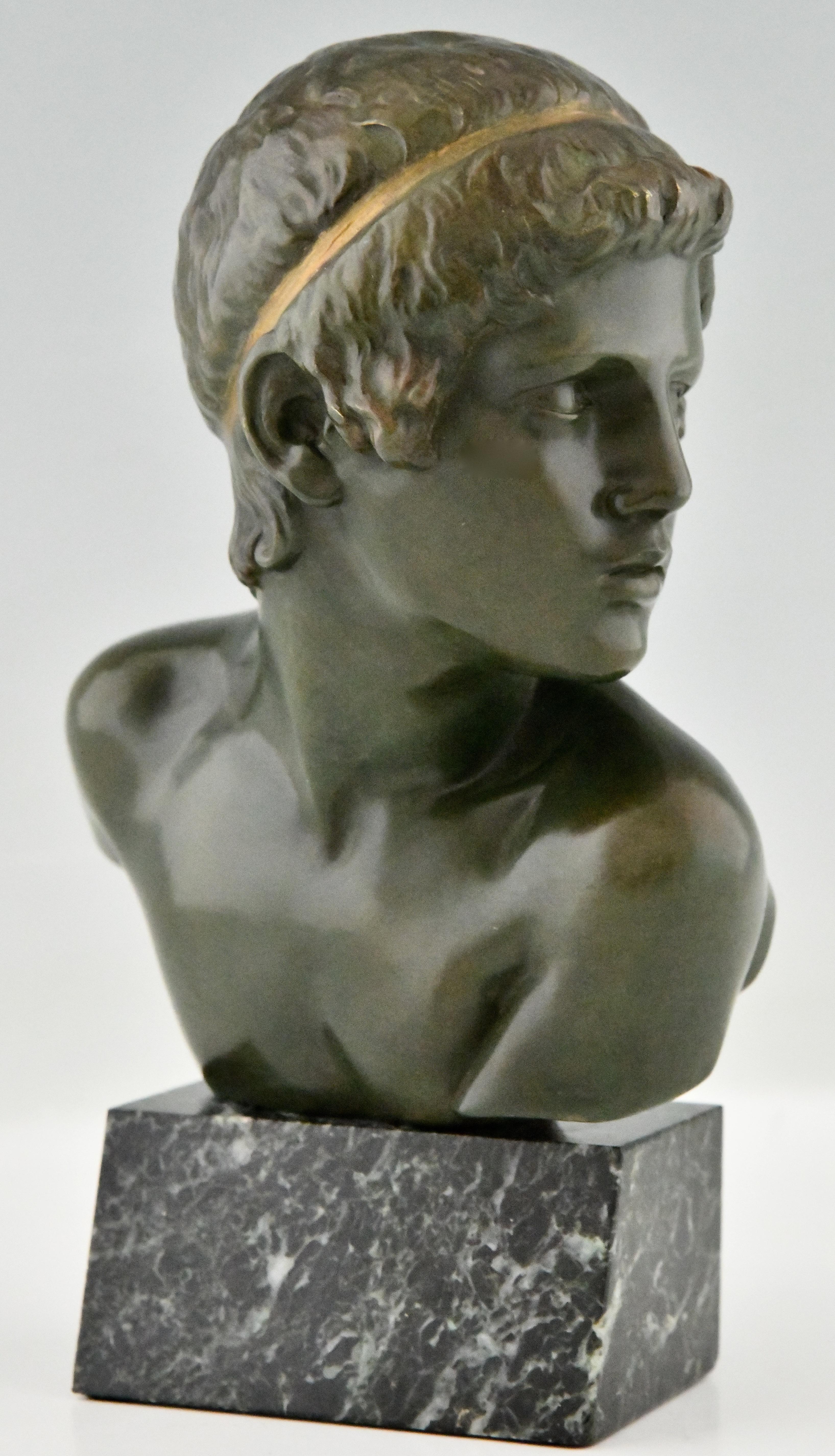Art Deco bronze sculpture bust young Achilles. 
The bronze bust is signed by Constant Roux.
The sculpture stands on a green marble base.
France 1920. 
This model is illustrated in the book Constant Roux by Laurent Noet, Mare & Martin on page 45