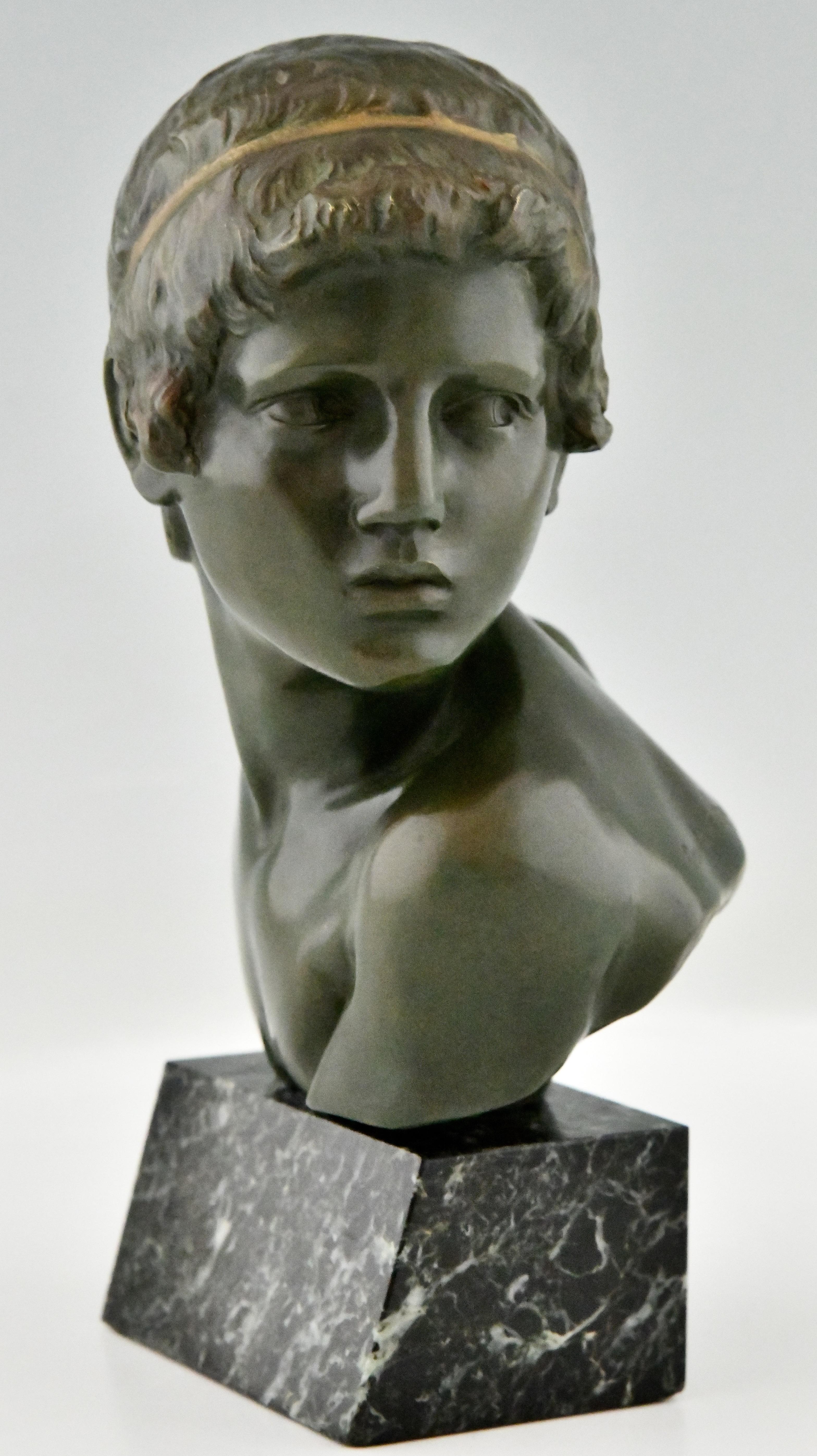 French Art Deco Bronze Sculpture Bust Young Boy Achilles by Constant Roux, France, 1920