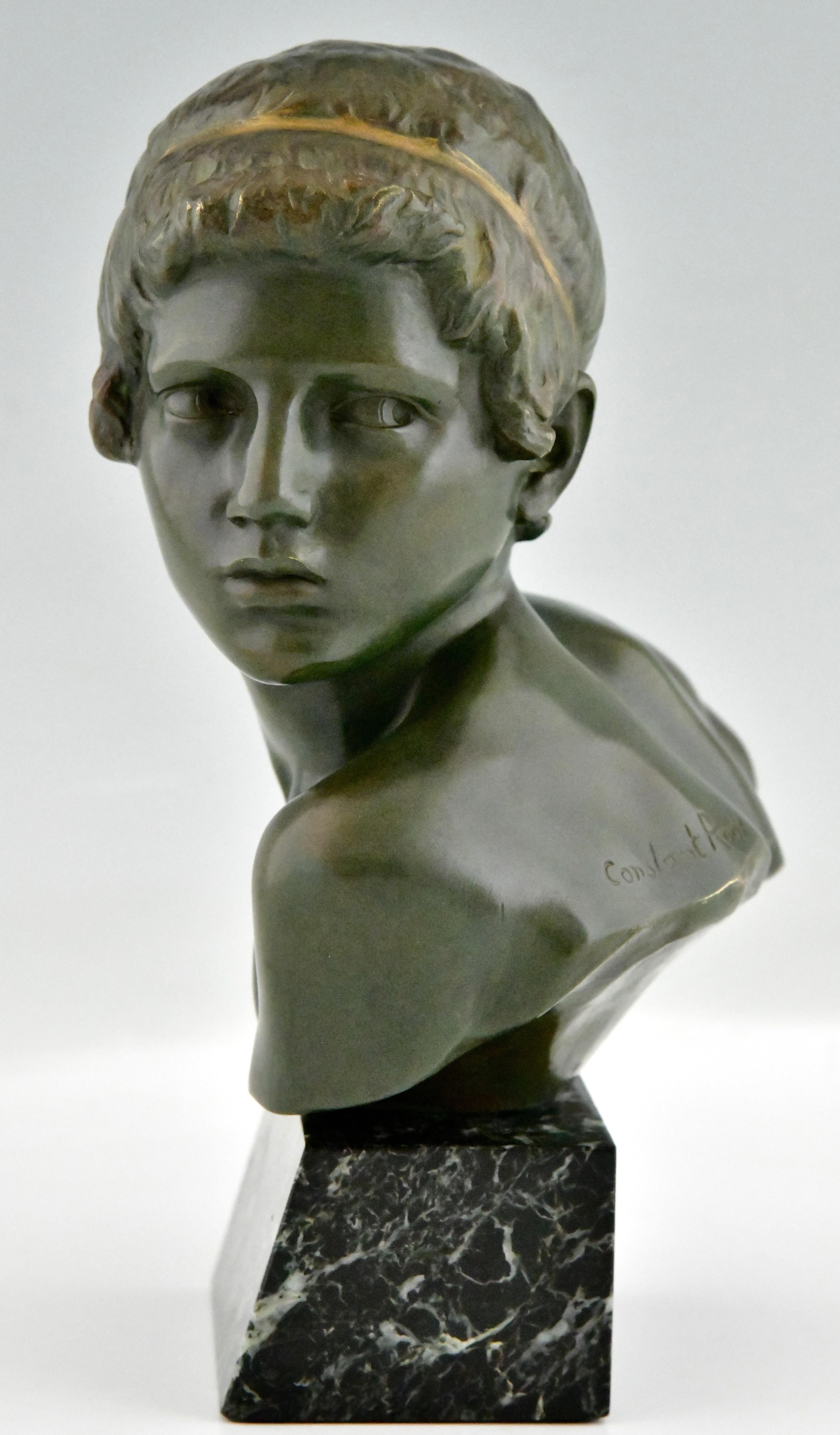 Patinated Art Deco Bronze Sculpture Bust Young Boy Achilles by Constant Roux, France, 1920