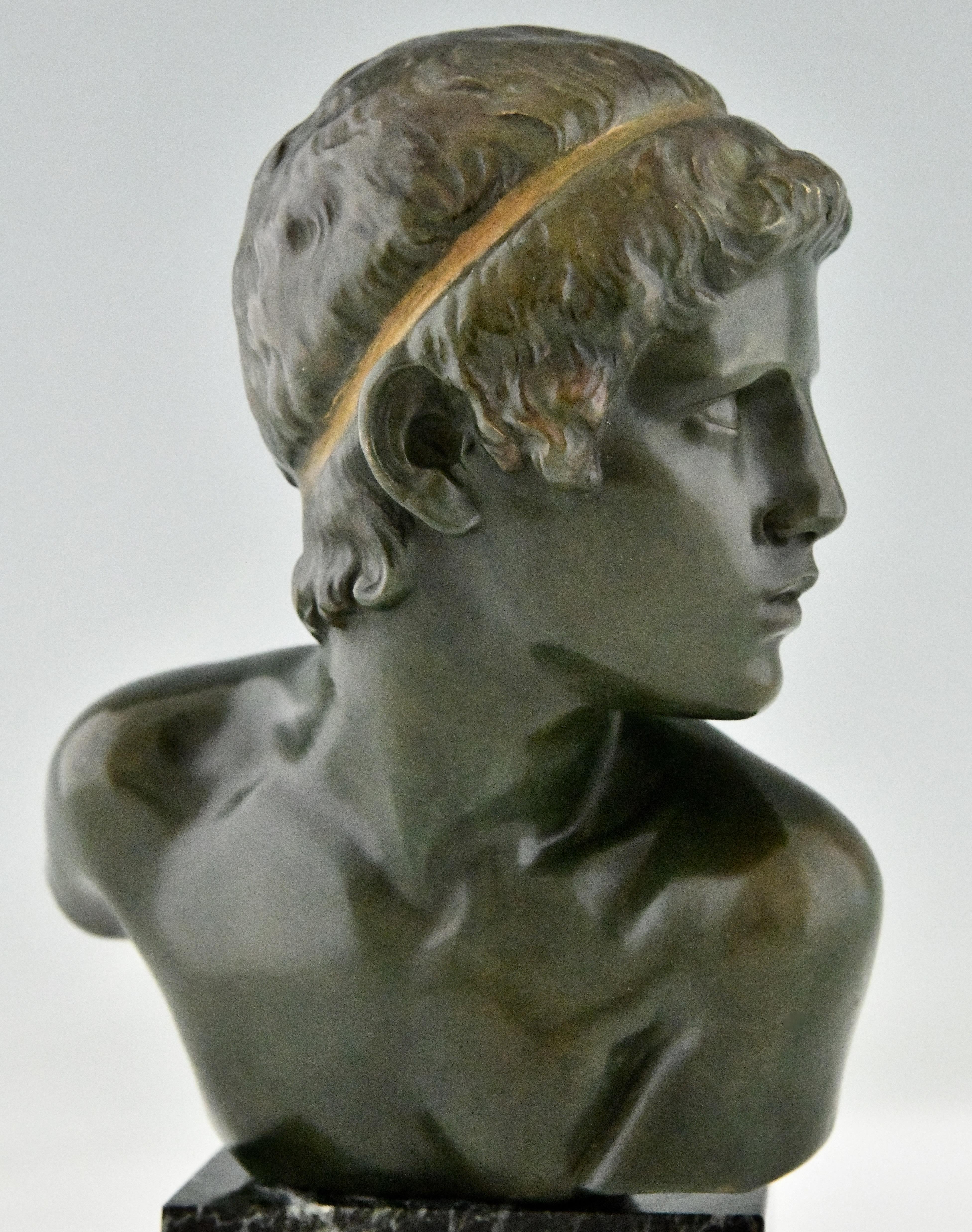 Art Deco Bronze Sculpture Bust Young Boy Achilles by Constant Roux, France, 1920 3