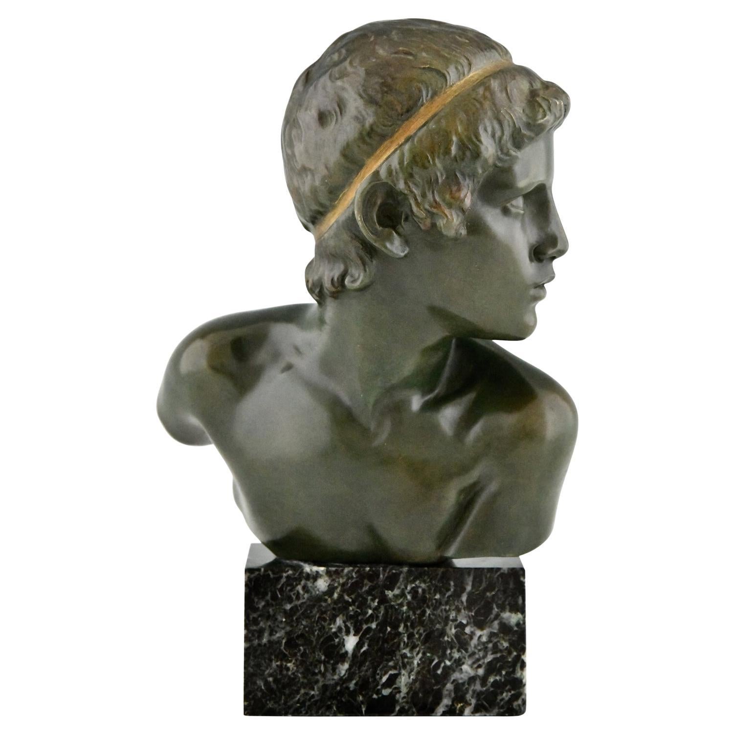 Art Deco Bronze Sculpture Bust Young Boy Achilles by Constant Roux, France, 1920