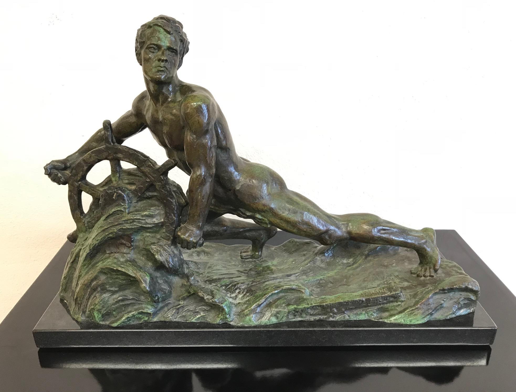 Bronzeskulptur im Art déco-Stil mit grüner Patina von Alexandre Ouline,
Belgischer Bildhauer, der zwischen 1918 und 1940 in Frankreich tätig war.