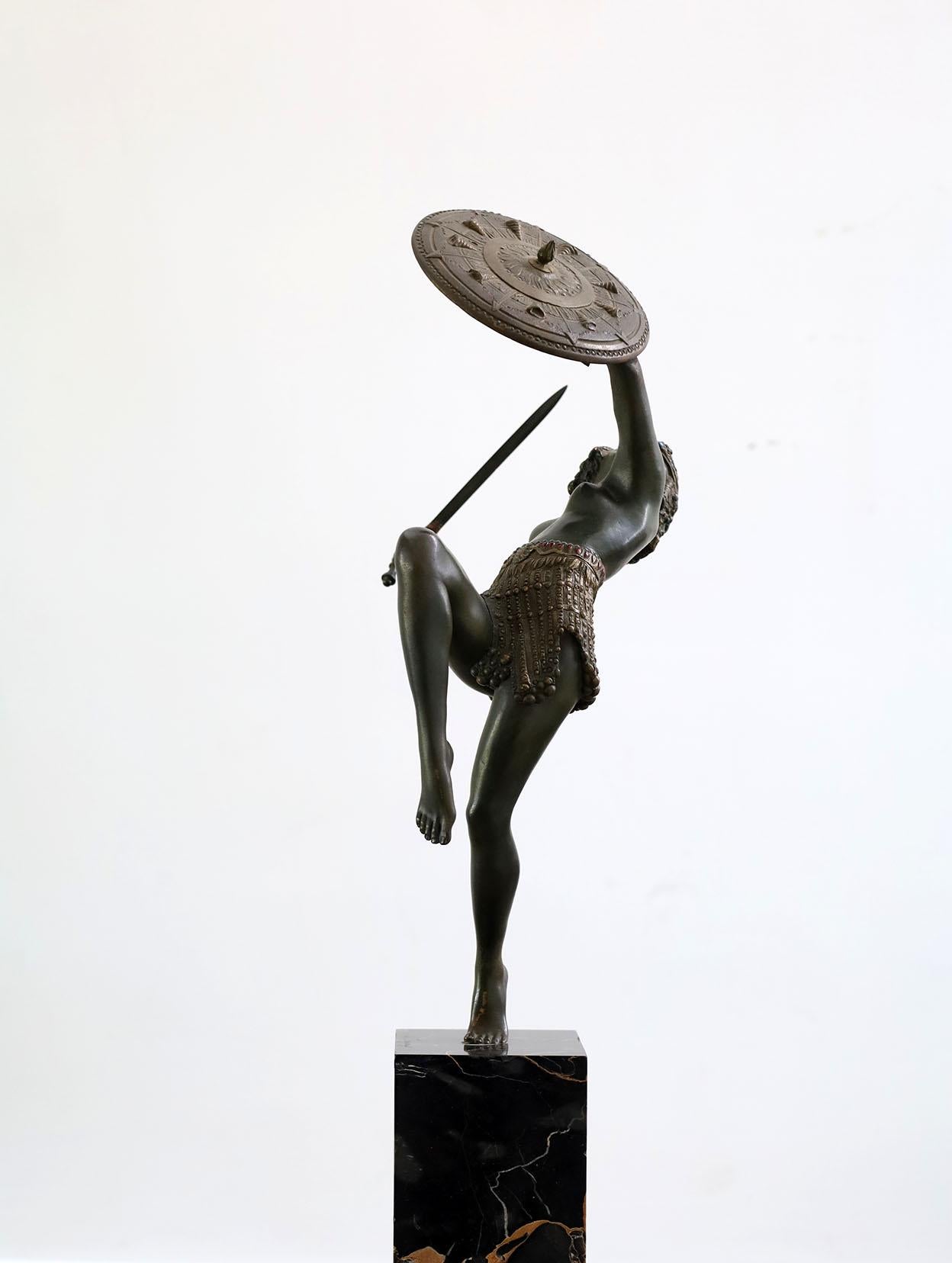 Art Deco bronze sculpture by French Artist Pierre Le Faguays, France 1930. Bronze on green marble base. This sculpture is illustrated in: Art Deco and other figures by Brian Catley, Antique collectors club.