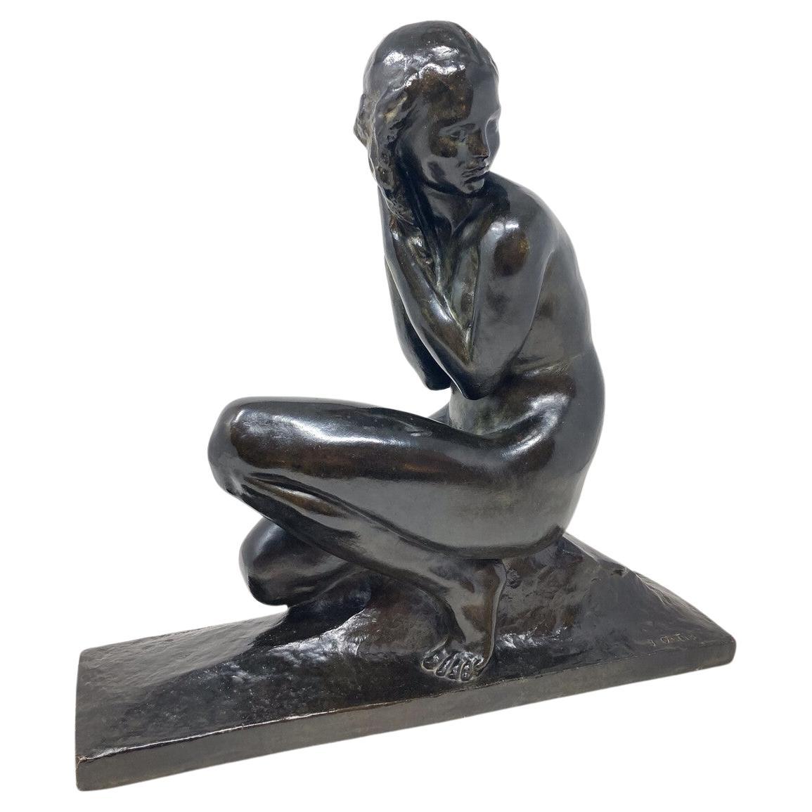 Art Deco Bronze Sculpture by Jean Ortis " NU FEMININ ACCROUPI" , 1930s For Sale