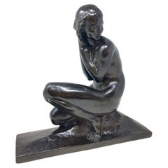 Art Deco Bronze Sculpture by Jean Ortis " NU FEMININ ACCROUPI" , 1930s