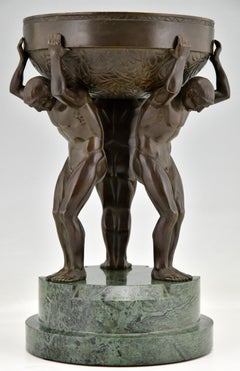 Art Deco Bronze Sculpture Centerpiece with Three Nude Men Guiraud Riviere 1930