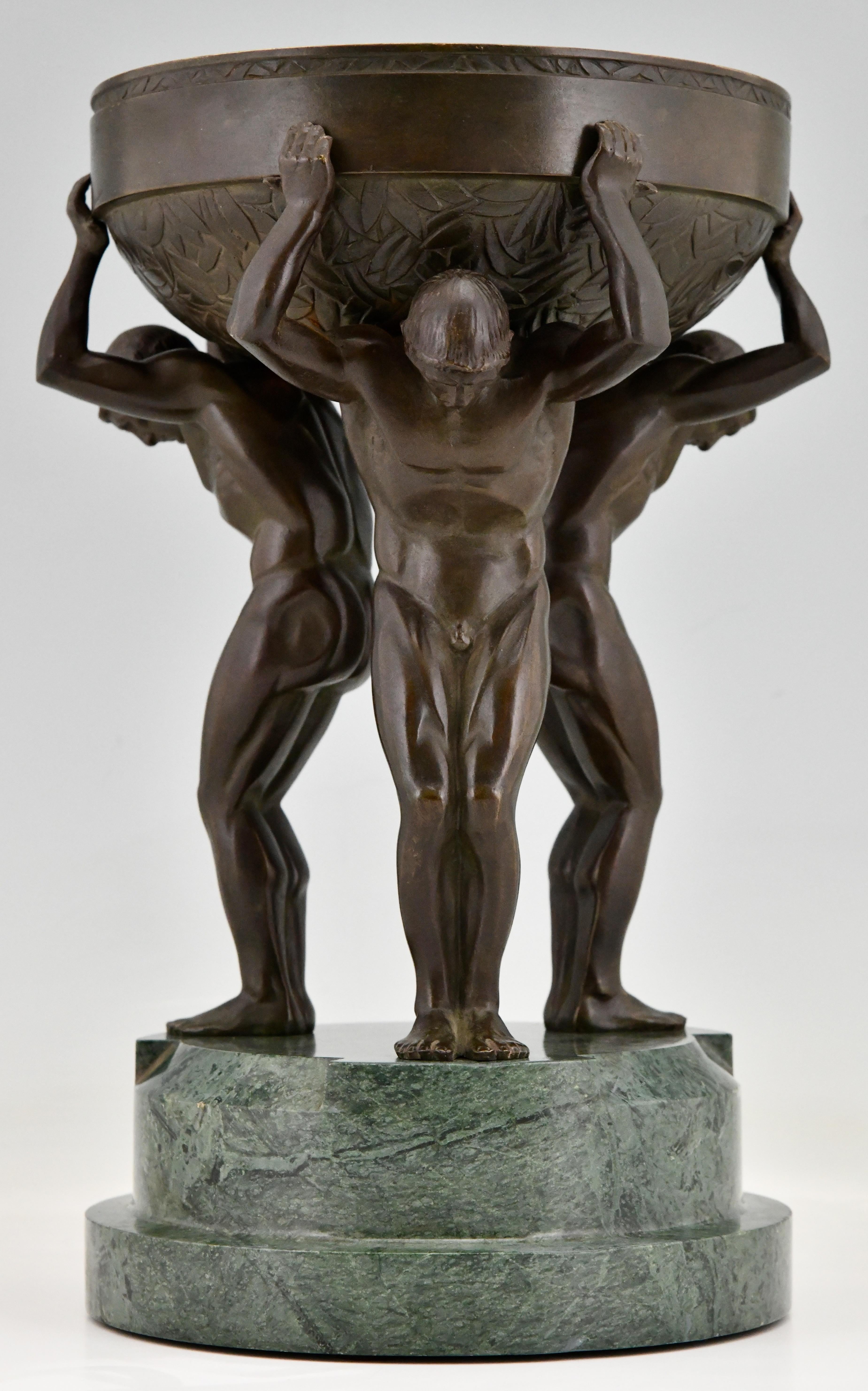 French Art Deco Bronze Sculpture Centerpiece with Three Nude Men Guiraud Riviere 1930