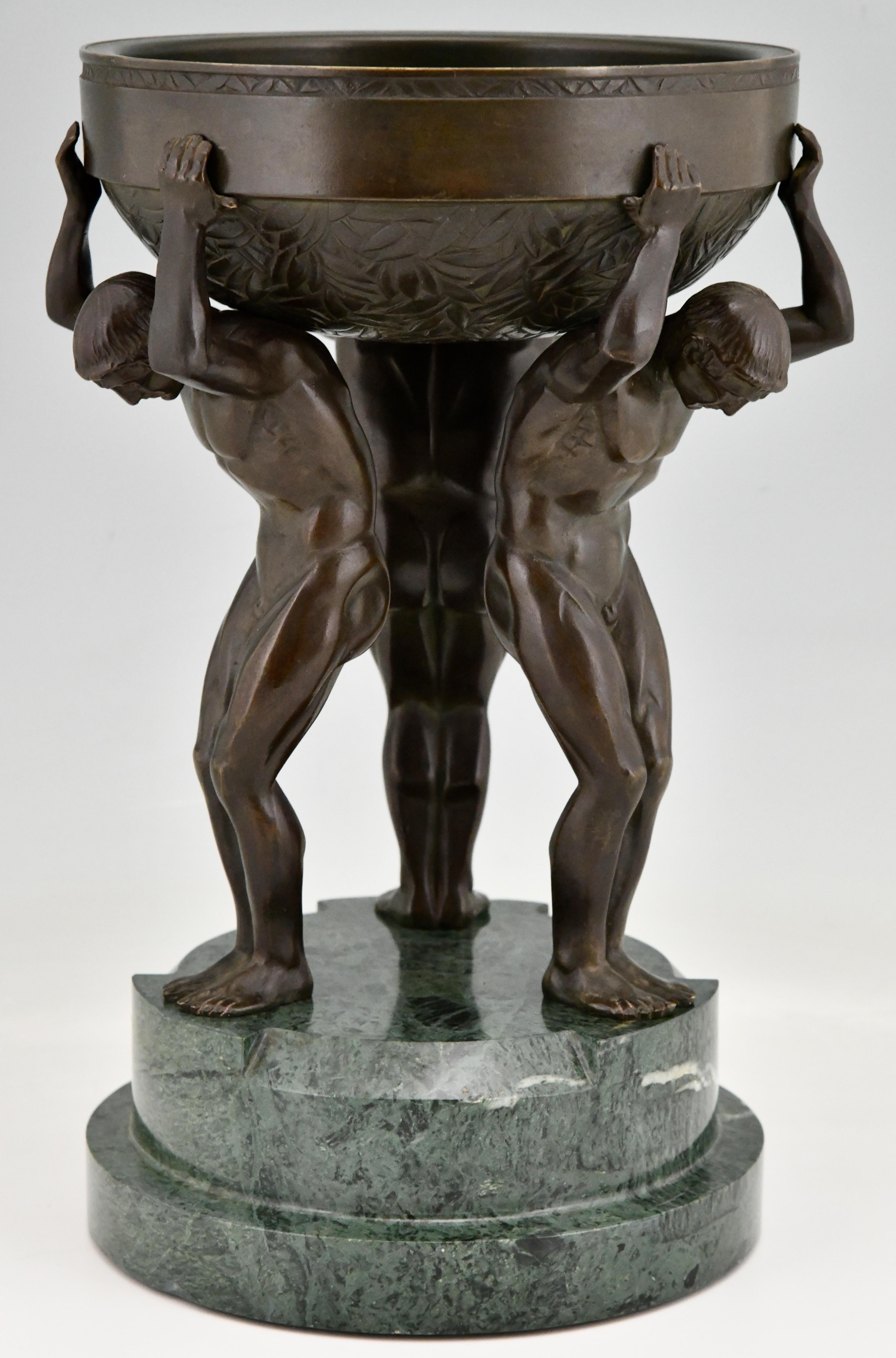 Patinated Art Deco Bronze Sculpture Centerpiece with Three Nude Men Guiraud Riviere 1930
