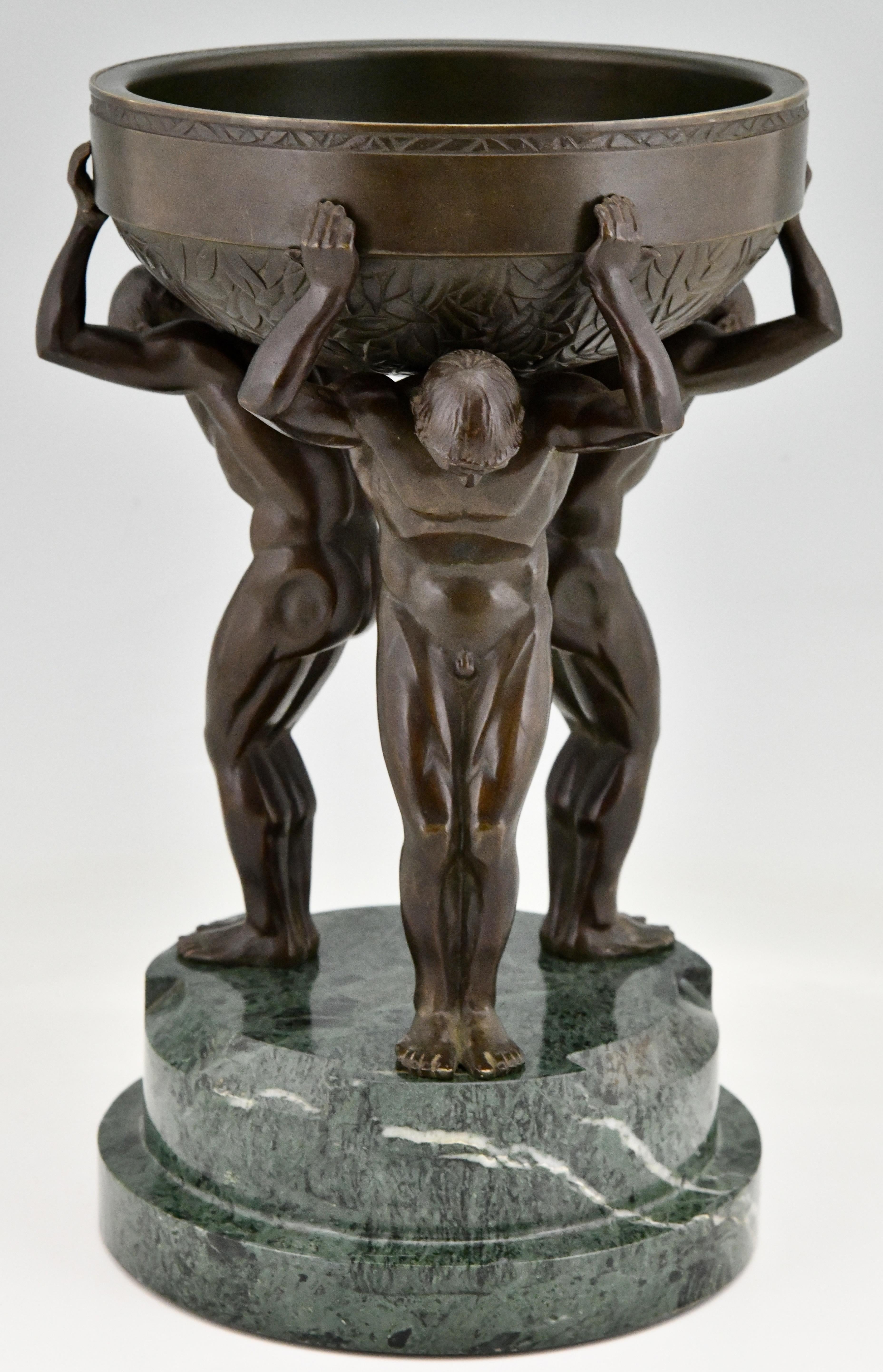 Art Deco Bronze Sculpture Centerpiece with Three Nude Men Guiraud Riviere 1930 In Good Condition In Antwerp, BE