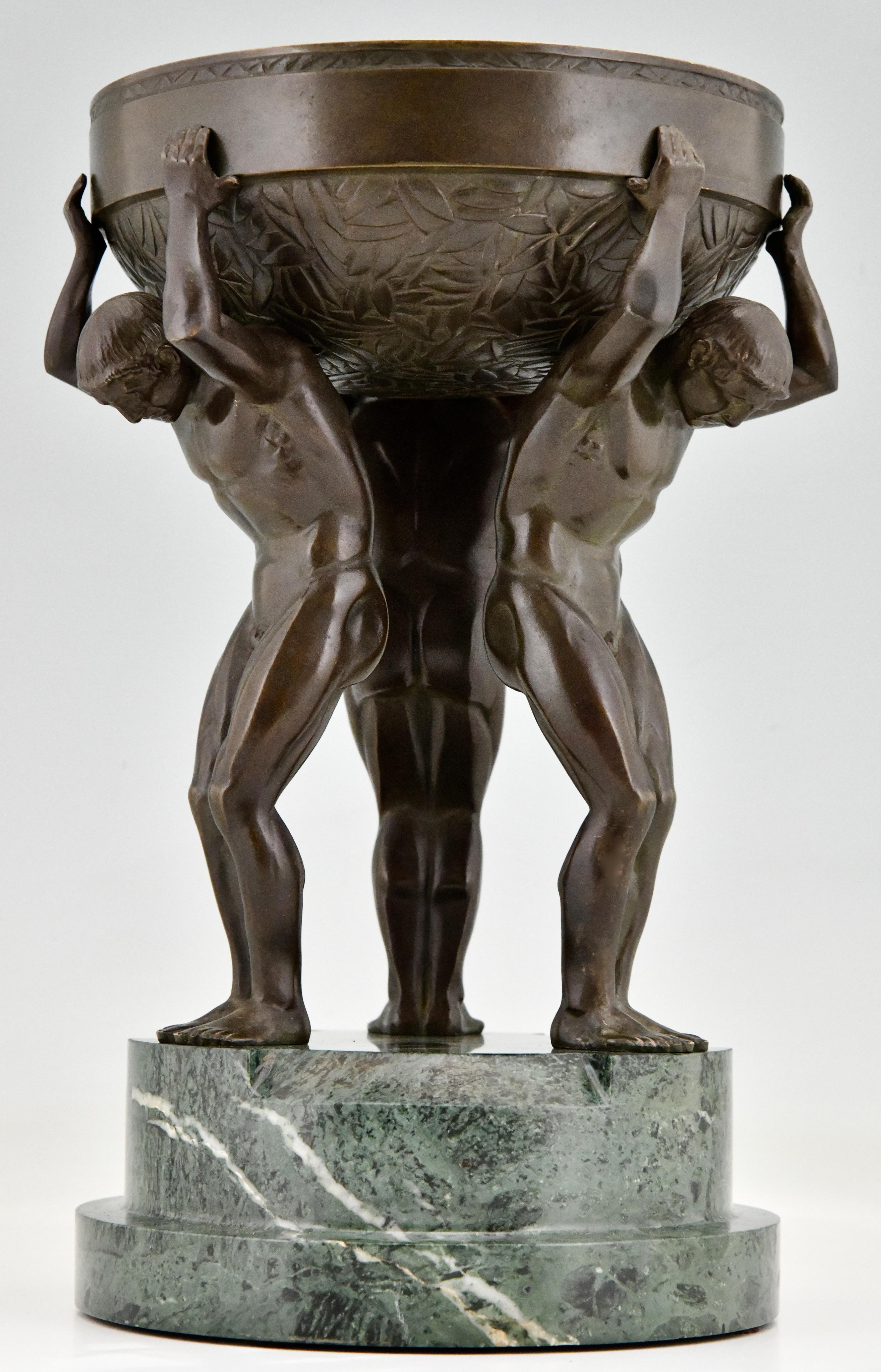 Mid-20th Century Art Deco Bronze Sculpture Centerpiece with Three Nude Men Guiraud Riviere 1930