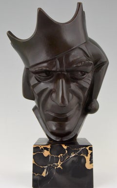Art Deco Bronze Sculpture Court Jester with Crown by Roland Paris, 1920