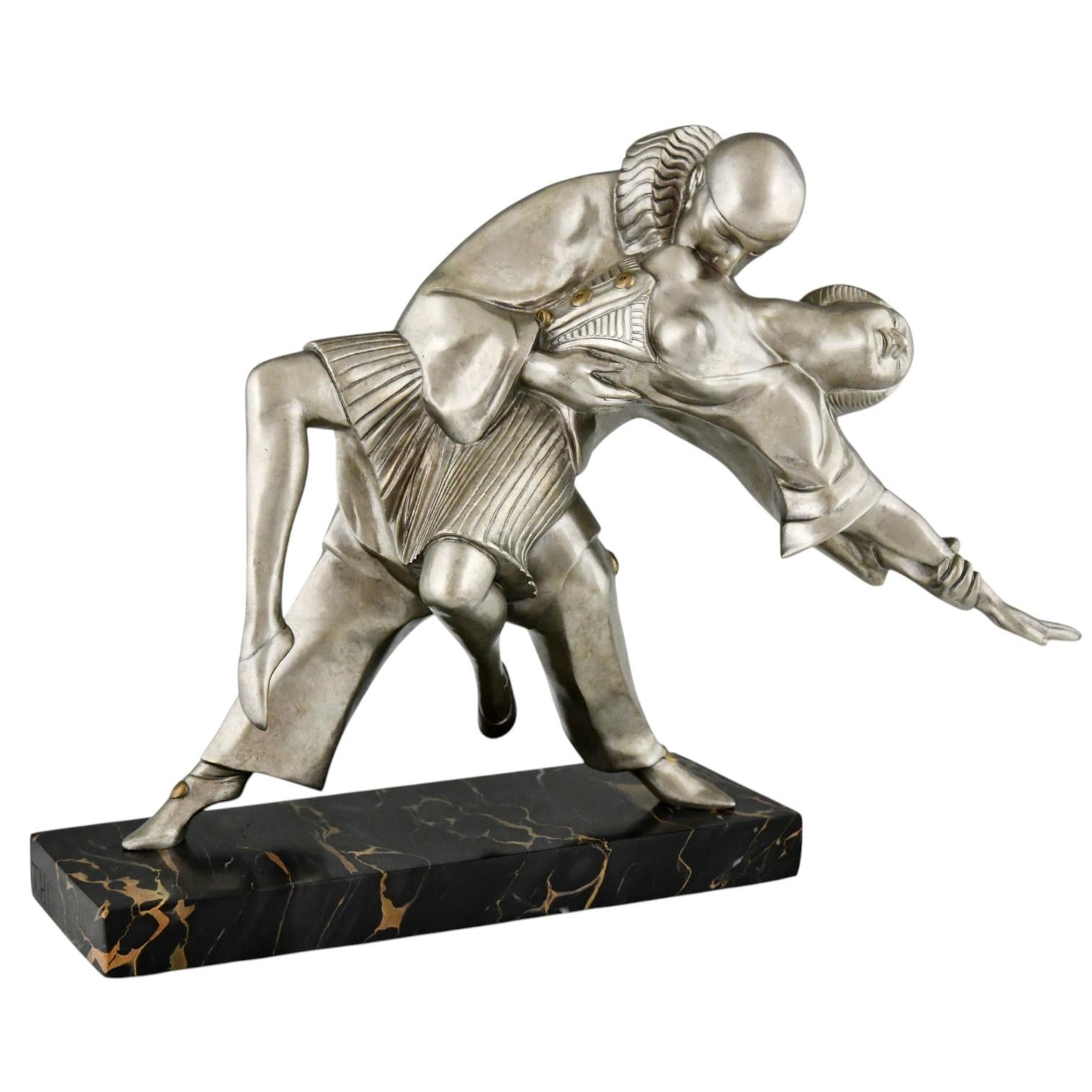 Tango, Art Deco bronze sculpture cubist dancers Pierrot and Colombine by Thomas Cartier, France 1930. 
The bronze has a silver patina and stands on a Portor marble base. 

Literature:
Bronzes, sculptors and founders, H. Berman, Abage.  
Les bronzes