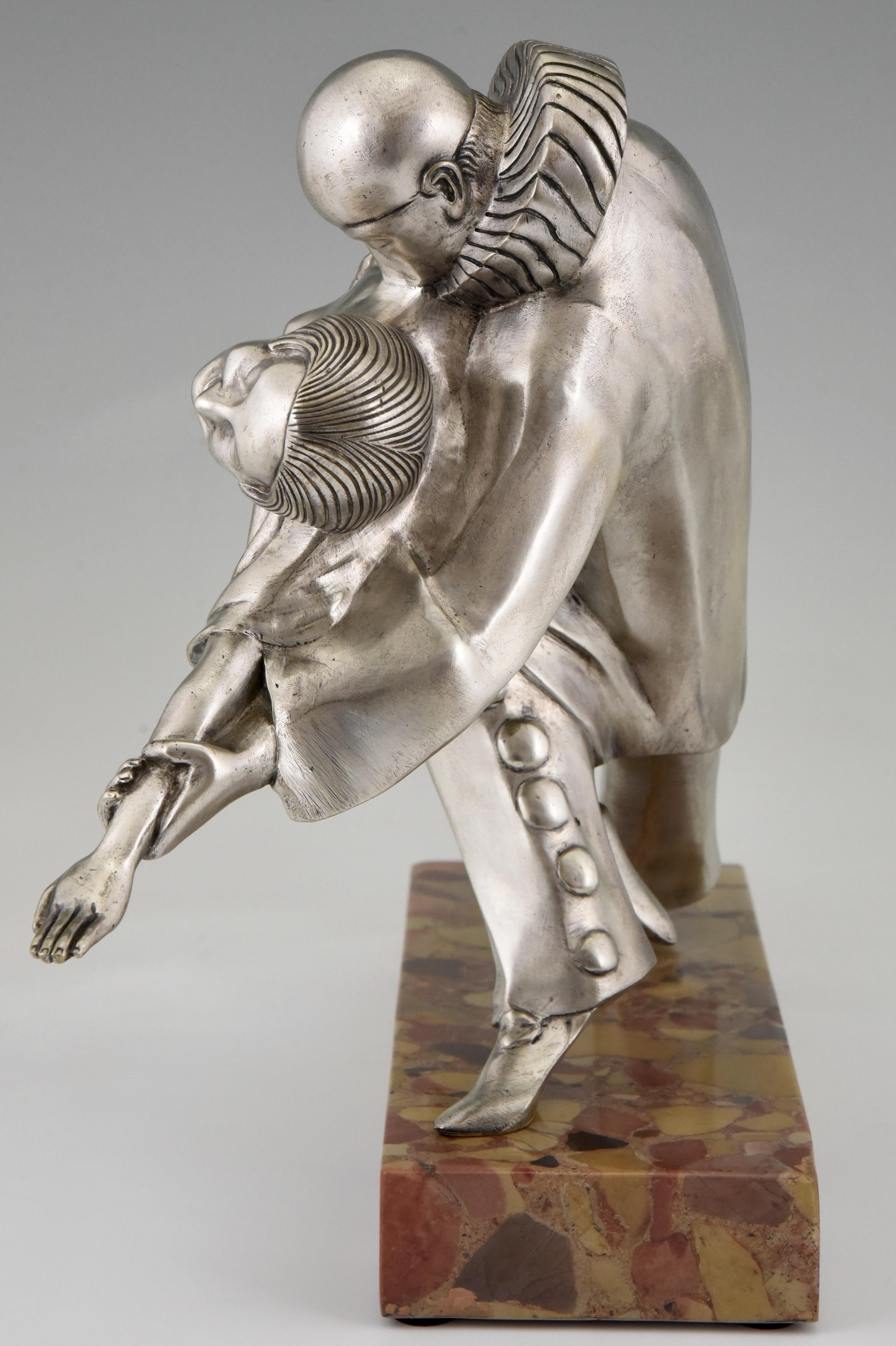 Silvered Art Deco Bronze Sculpture Cubist Dancers Pierrot and Colombine Thomas Cartier