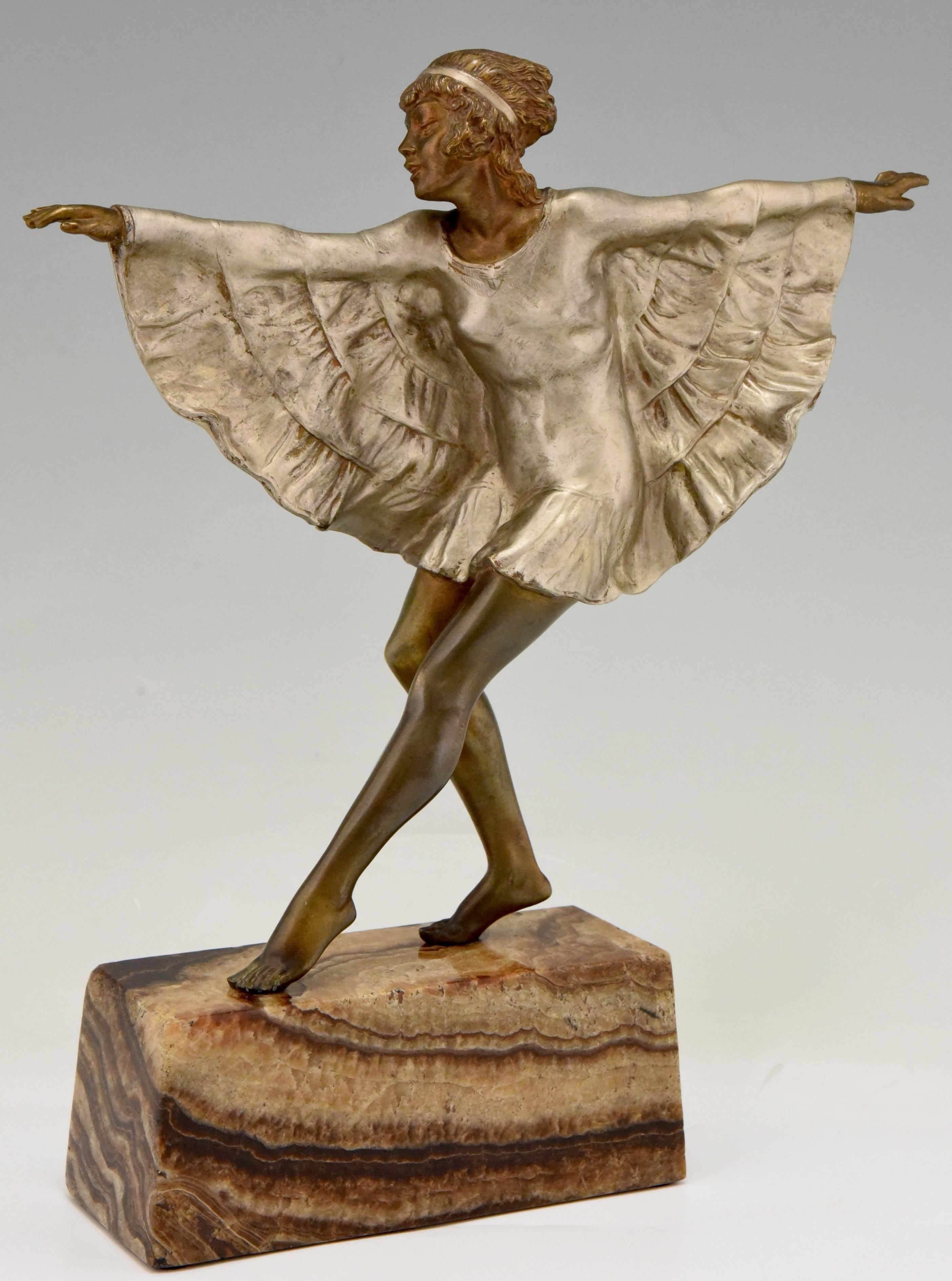 Lovely Art Deco bronze sculpture of a dancer wearing a butterfly dress.
Signed Briand, pseudonym of Marcel André Bouraine.
France, circa 1925.
Patinated bronze on a marble base.
Literature:
“Art Deco and other figures” by Brian Catley. ?“Art